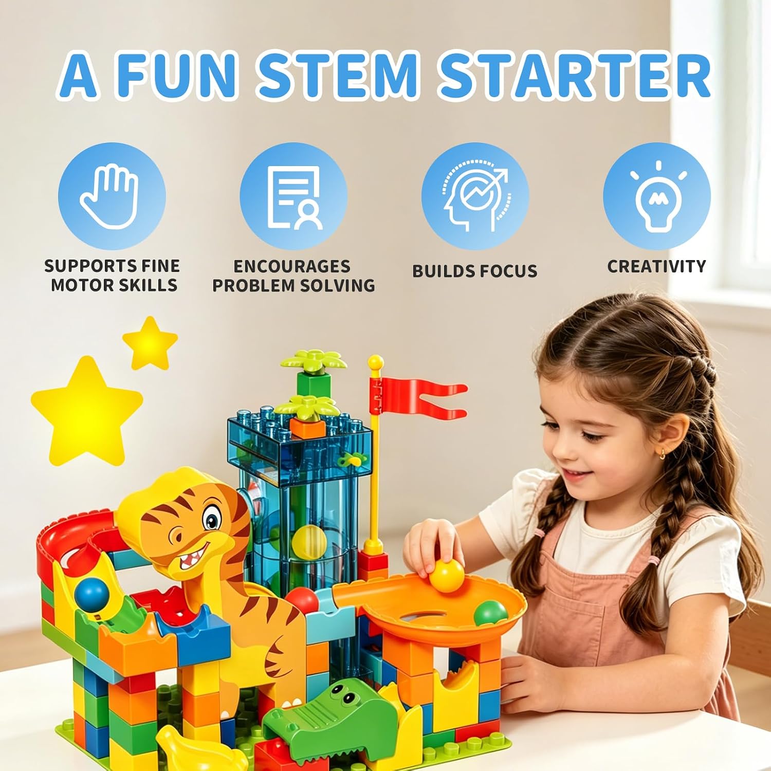 Marble Run Building Blocks for Kids Ages 3+, 113 PCS Large Building Blocks Set with Motorized Spiral Elevator, Ball Track Race Maze, Animal Theme STEM Construction Toy Gift for Boys Girls