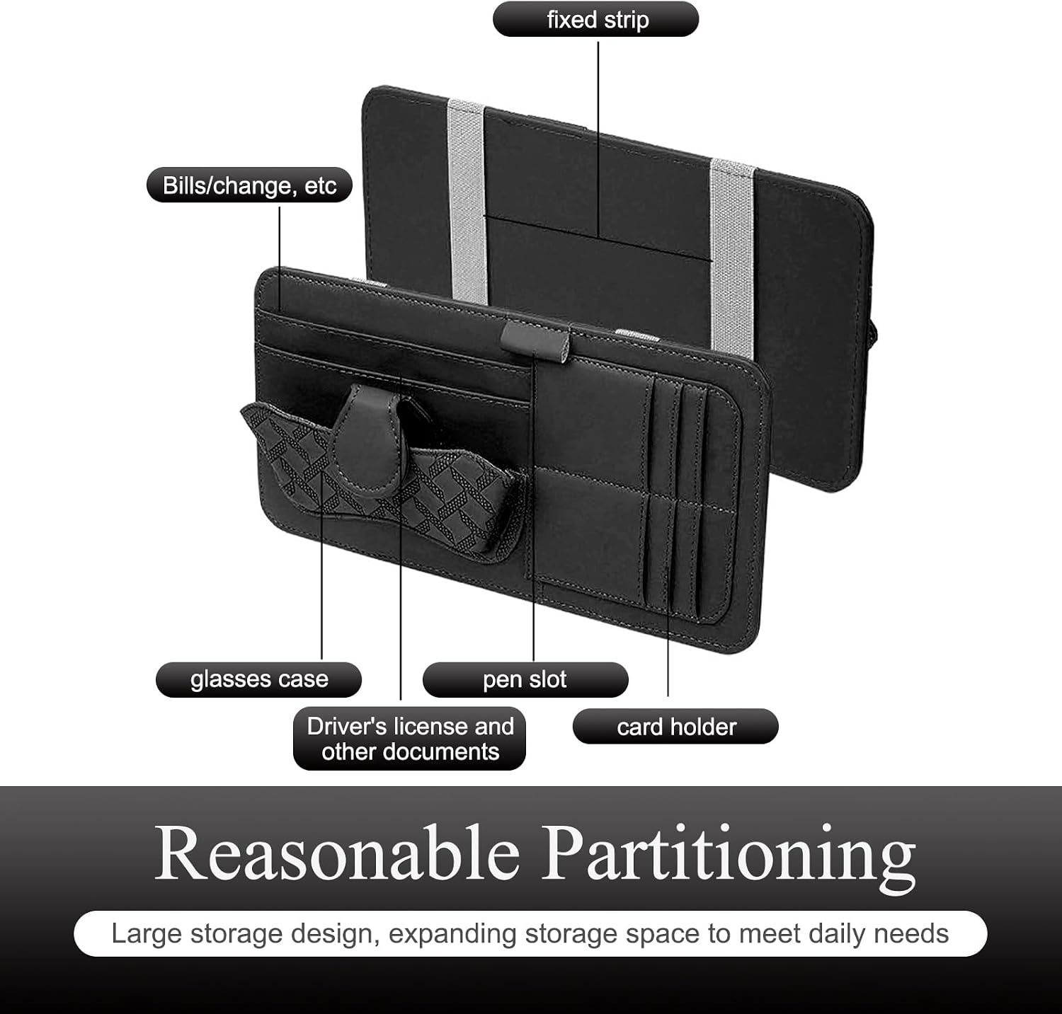 Car Sun Visor Organizer, Leather Multi-Pocket Auto Visor Storage Pouch for Sunglasses Cards License, Waterproof Car Interior Space-Saving Accessories, Universal for Most Cars (Black) image 3