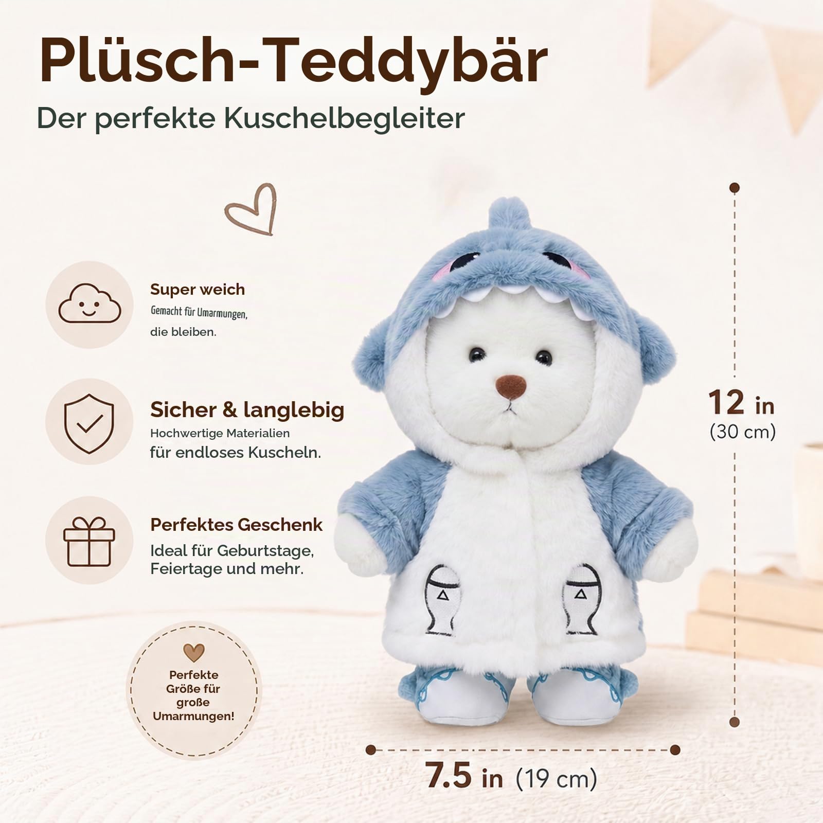 Teddy Angels Teddybär 30 cm mit einer Kleidung Stuff Tier Plüsch Geschenk für Kinder Mädchen Frauen Geburtstag (Weißer Haifischanzug)