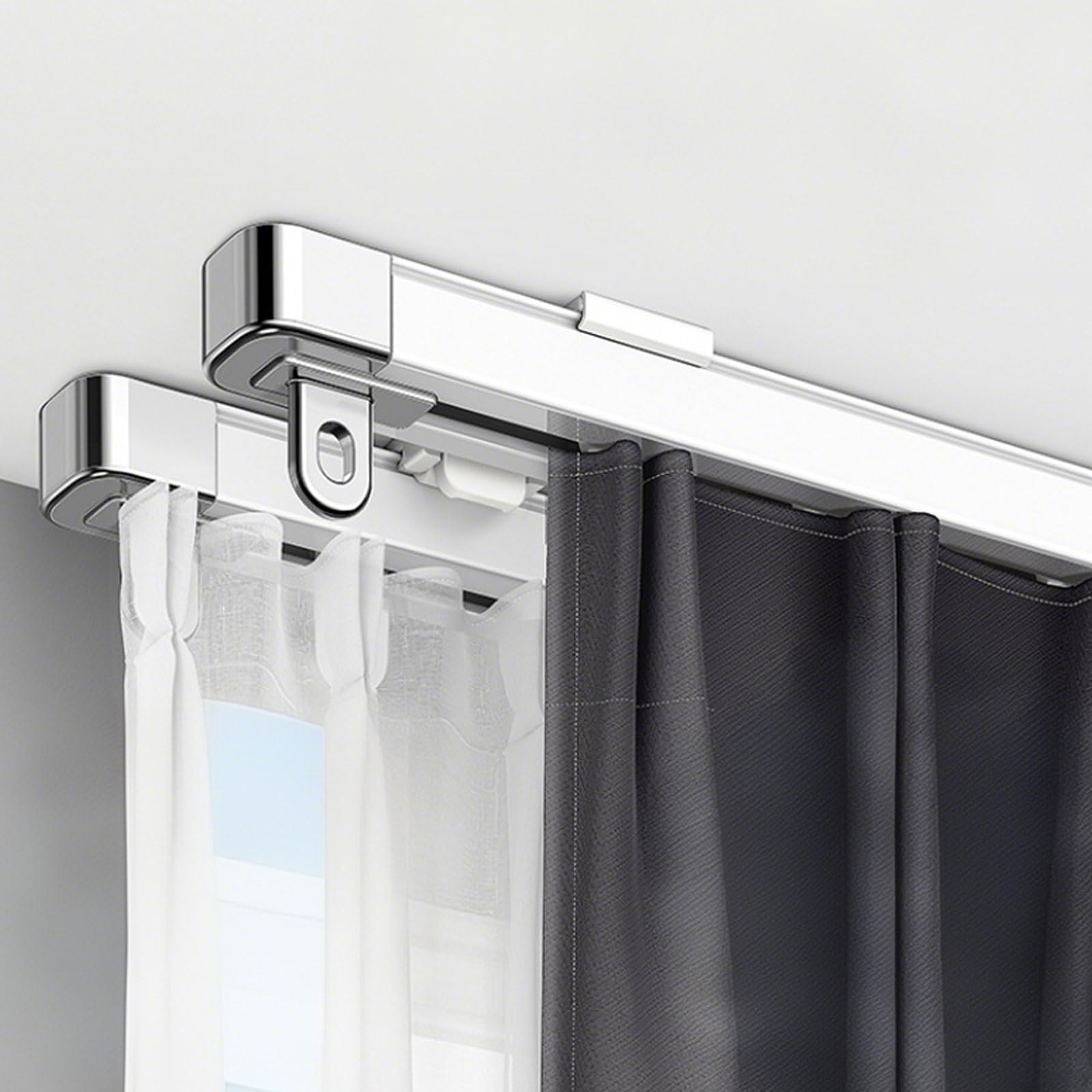 Chowana dwurzędowa szyna do zasłon – cichy system przesuwny ze stopu aluminium, regulowana długość (1,15-2,1 m), montowany na suficie/ścianie do szafek okiennych, szaf i pryszniców