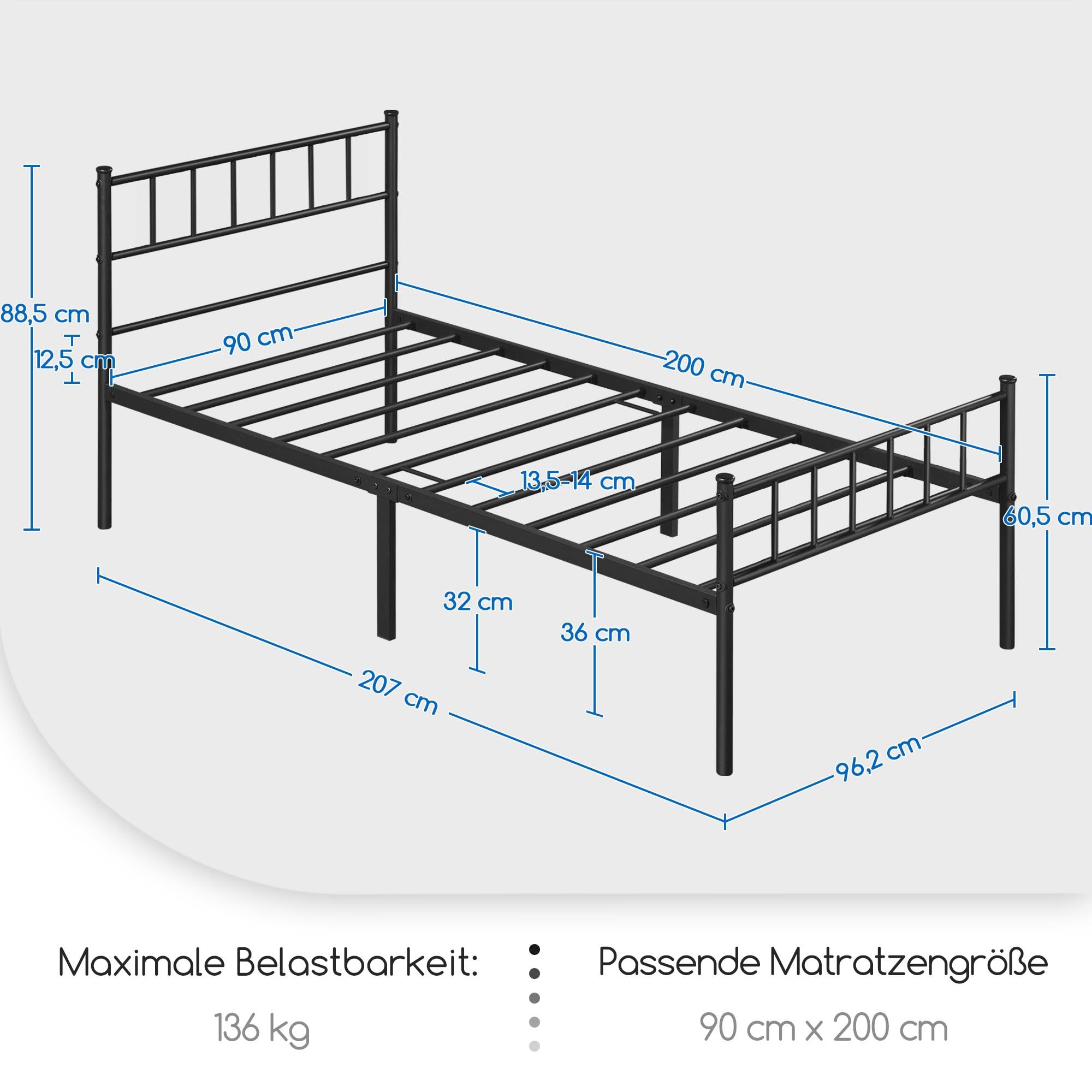 Yaheetech Metalowe łóżko 90 x 200 cm, rama łóżka z zagłówkiem, rama łóżka z metalu, łóżko dla gości ze stelażem do sypialni, pokoju gościnnego, kolor czarny