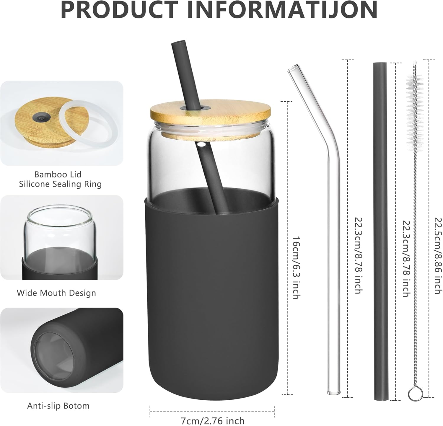 20oz Drinking Glasses Cups Set of 4 Beer Can Shaped Drinking Glasses with Silicone Protective Sleeve Straw Bamboo Lid Iced Coffee for Coffee Smoothie Boba Tea(Black*4) - Image 4