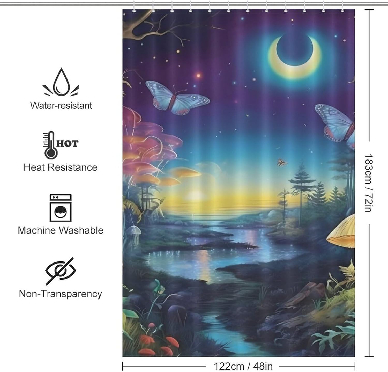 Fantastic Forests Moon Mushroom Funny Shower Curtains Washable Bath Curtain Liner with Hooks for Bathroom Bath Tubs