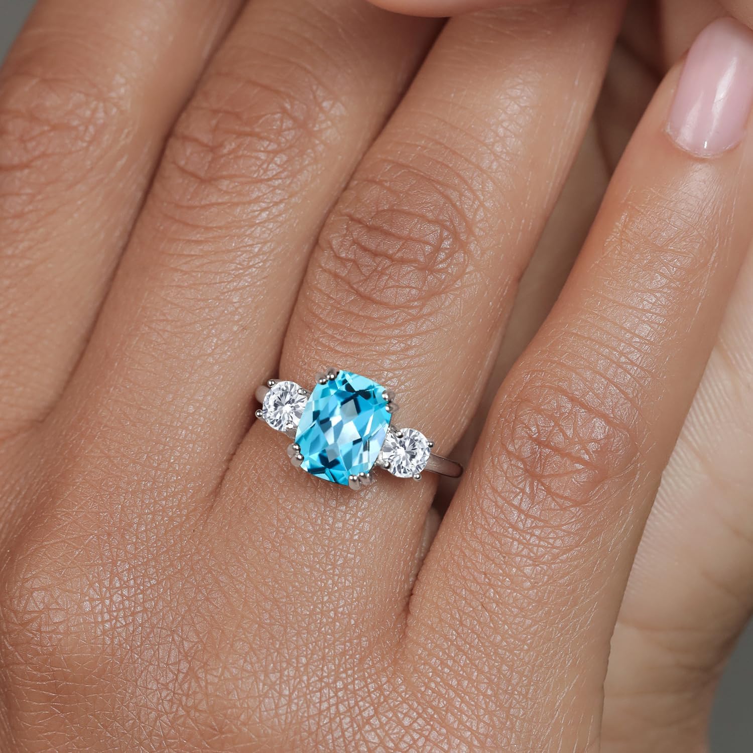 Gem Stone King 925 Sterling Silver Customized and Personalized Build Your Own 3 Stone Round and Cushion Cut Birthstones Ring For Women