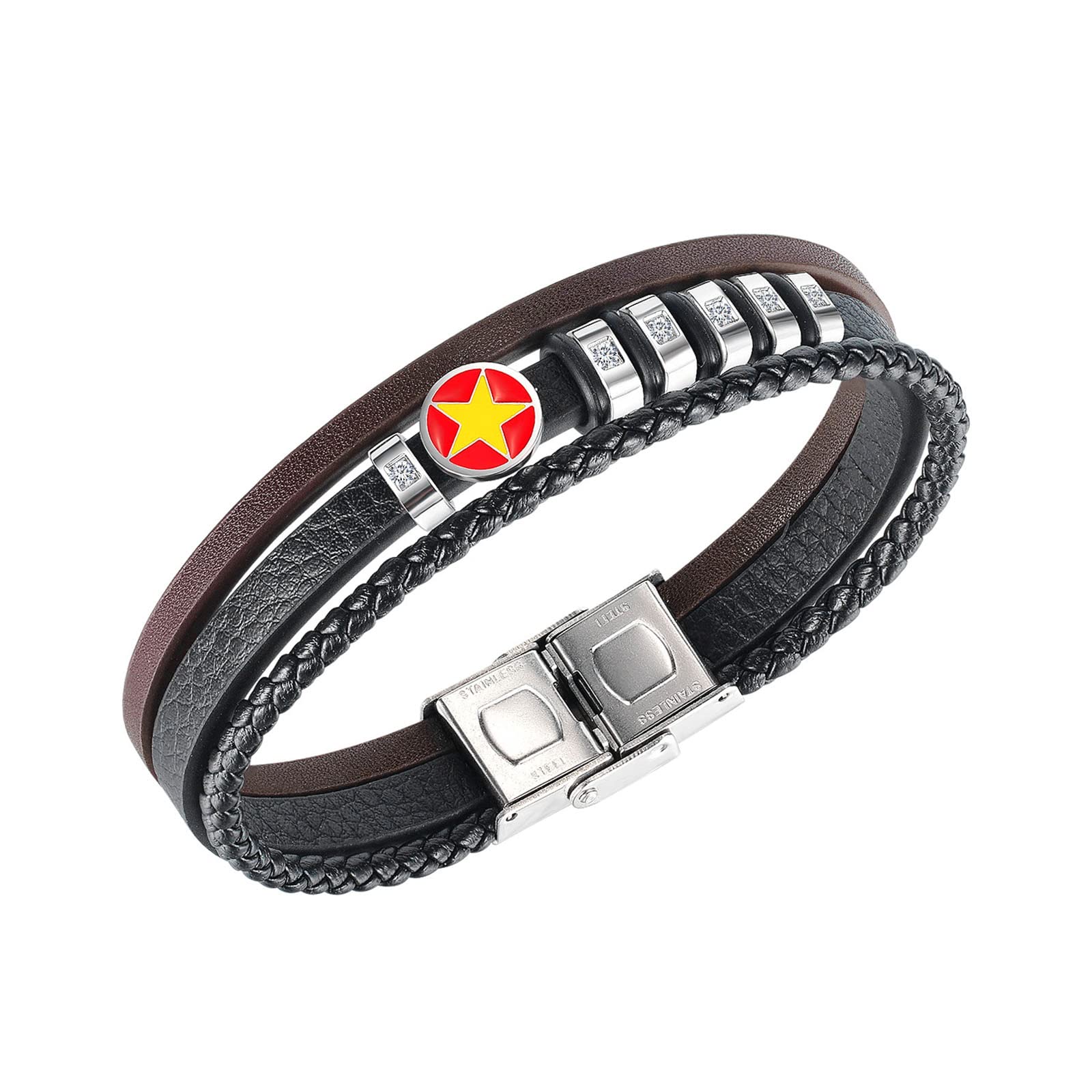 Pulsera de Hombre Pulsera de Cuero Pulsera de Acero Inoxidable Pulsera Trenzada Multicapa Trenzado Moda Circón Amarillo Pentagrama