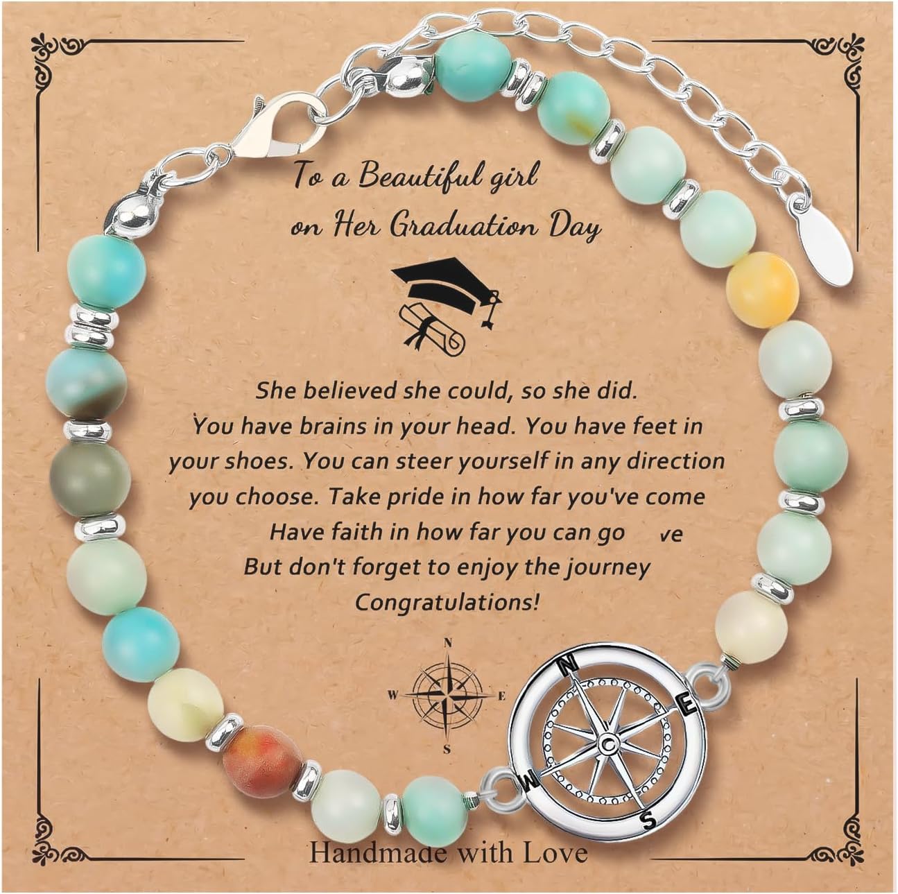 Graduation Bracelet for Her, Natural Amazonite Beads & Compass Bracelets, Class of 2026 Graduation Bracelet Gifts for Senior High School College Graduates