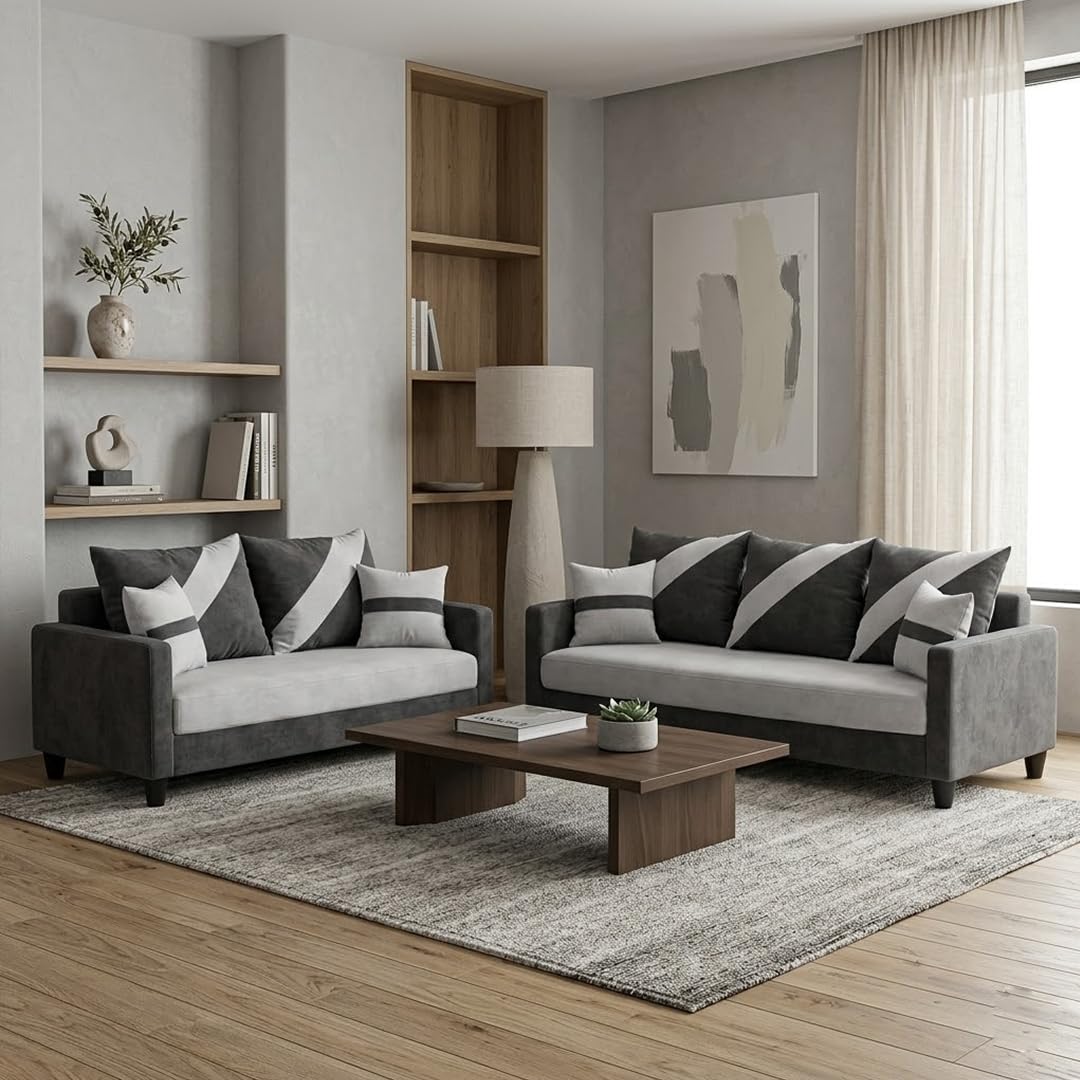 FURNY Charlotte 3 Seater + 2 Seater Fabric Sofa Set (Dark Gray - Light Gray) with Velvet Finish | Durable Comfort | Ideal for Living Room-image-29