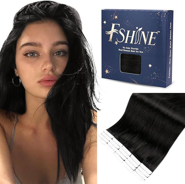 Fshine Tape in Hair Extensions Human Hair Natural Black Tape In Human Hair Extensions 12 Inch Tape in Black Hair 30g Hair Extensions Tape Silky Straight 20Pcs