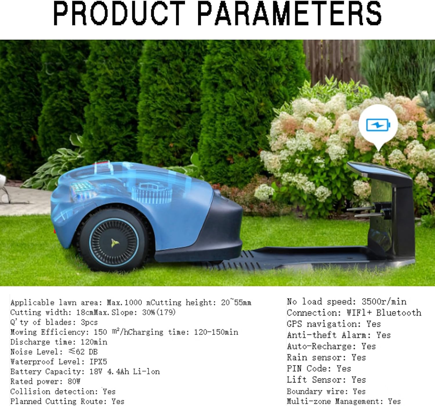 Wireless Robot Mower Peripheral 1000 M², Lawn Robot with GPS Route Planning, Height 20-55 Mm, Cutting Width 18 Cm, Tilt 30%, Automatic Charging