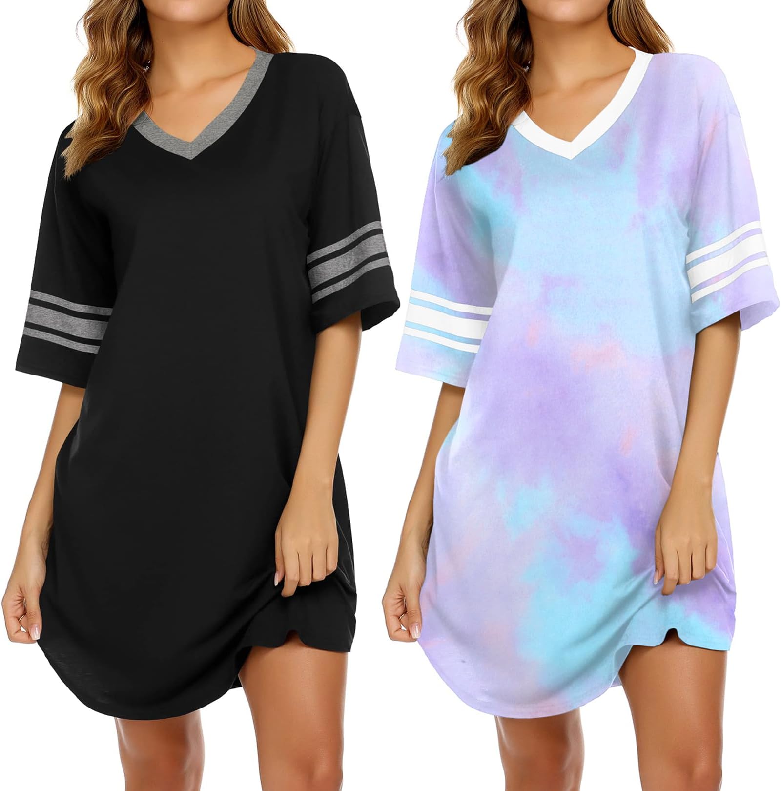 Ekouaer Nightgowns for Women 2 Pack Sleepshirts Short Sleeve Nightshirt V Neck Sleepwear Casual Pajama Dress