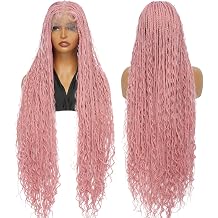 SUPERNOVA #Pink Full Lace Knotless Box Braided Wigs 36 Inch Long Wavy Square Knotless 360 Full Lace Synthetic Hair Boho Braided Wig For Black Women Breathable Cap Hot Pink Box Braids Wig