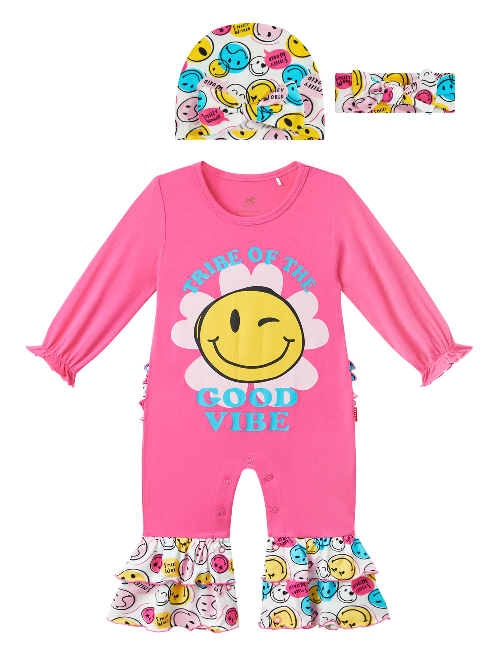 Baby Girls Clothes Newborn Ruffled Cuffs Romper Infant Bell Bottom Jumpsuit with Headband Hat