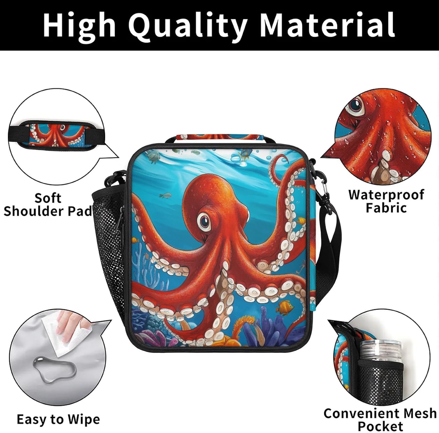 AUUXVA Sea Ocean Shakes Octopus Kids Lunch Bags for Girls Boys Insulated Lunch Box Thermal Lunchbox Tote Bag with Adjustable Strap Leakproof Durable Lunch Cooler for Children Women School Work