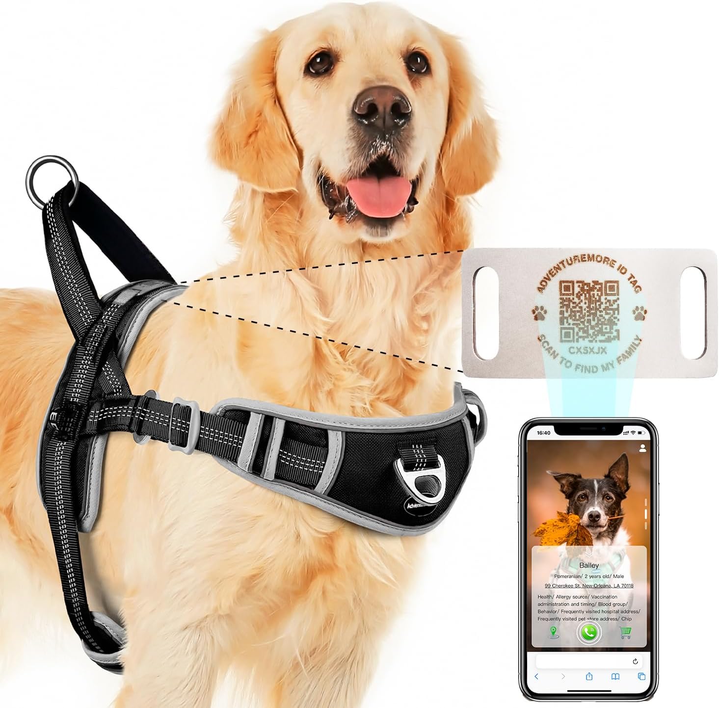 ADVENTUREMORE Dog Harness for Large Dogs No Pull with QR Code Dog Tag, Adjustable Reflective Breathable Dog Vest Harness with Easy Control Front Clip Handle for Training Walking XXL Green