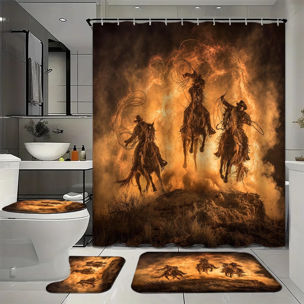 4Pcs Western Style Cowboy Waterproof Shower Curtain with 12 Hooks, Rustic Wilderness Horse Riding Bathroom Curtains Set with Rug, U Shape Mat and Toilet Cover for Home Decor