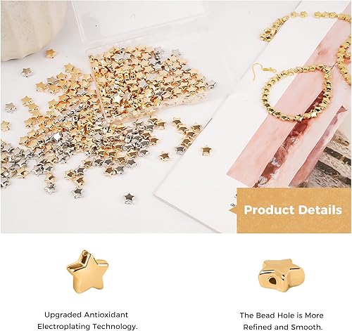 Miniatura 2 de 400 cuentas espaciadoras de estrellas, cuentas de plástico chapadas en oro, estrella de agujero grande con caja de almacenamiento, cuentas de