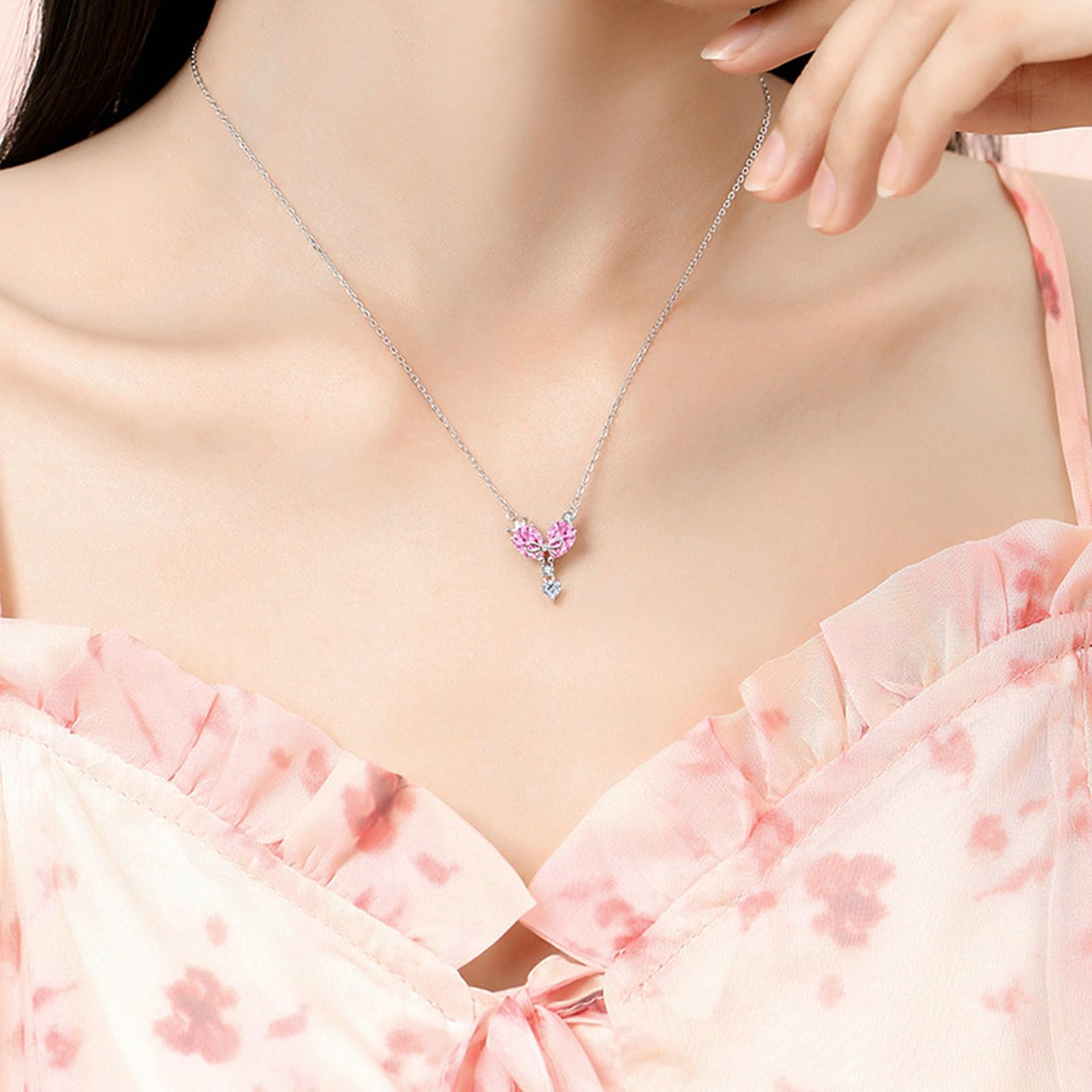 Collar para mujer, joyería de moda, oro blanco de 9 quilates, 14 quilates, 18 quilates, collar de platino, con colgante de corazón y lazo con zafiro rosa creado en laboratorio, 45 cm