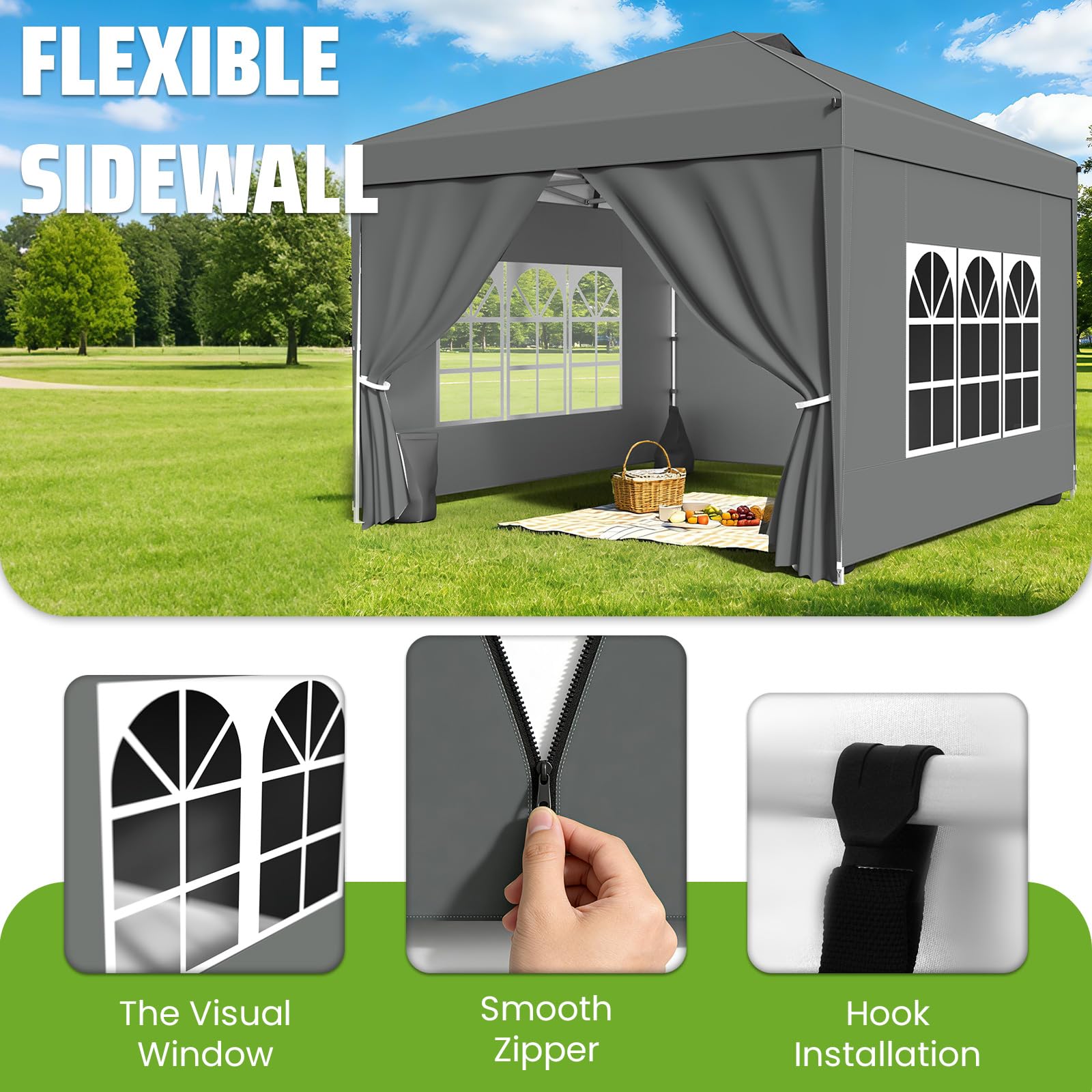 Tonnelle 3x3m Imperméable, Toile PU1500mm & Structure Acier - Tonnelle Pliante Hivernable avec Paroi Latérale & Réglage Hauteur One-Push - (INCL. 4X Sac de Sable & Accessoires,Gris argenté)