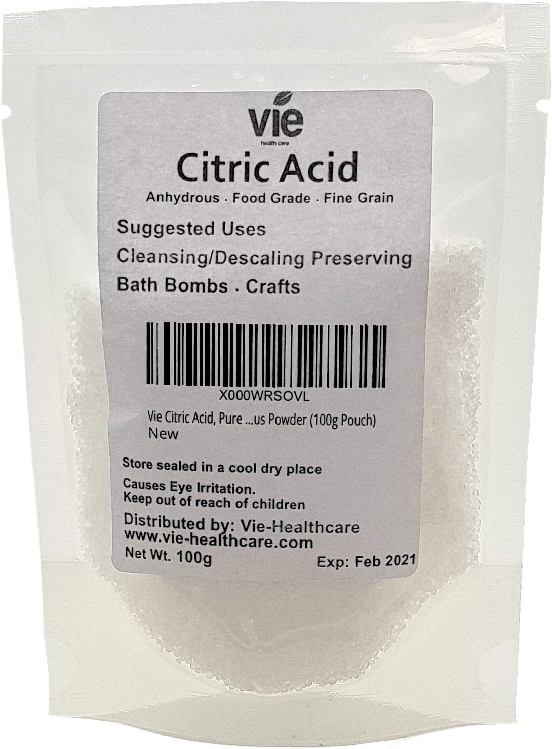VIE Citric Acid, Pure Premium Quality, Fine Grain, Food Grade, Anhydrous Powder, 100 g