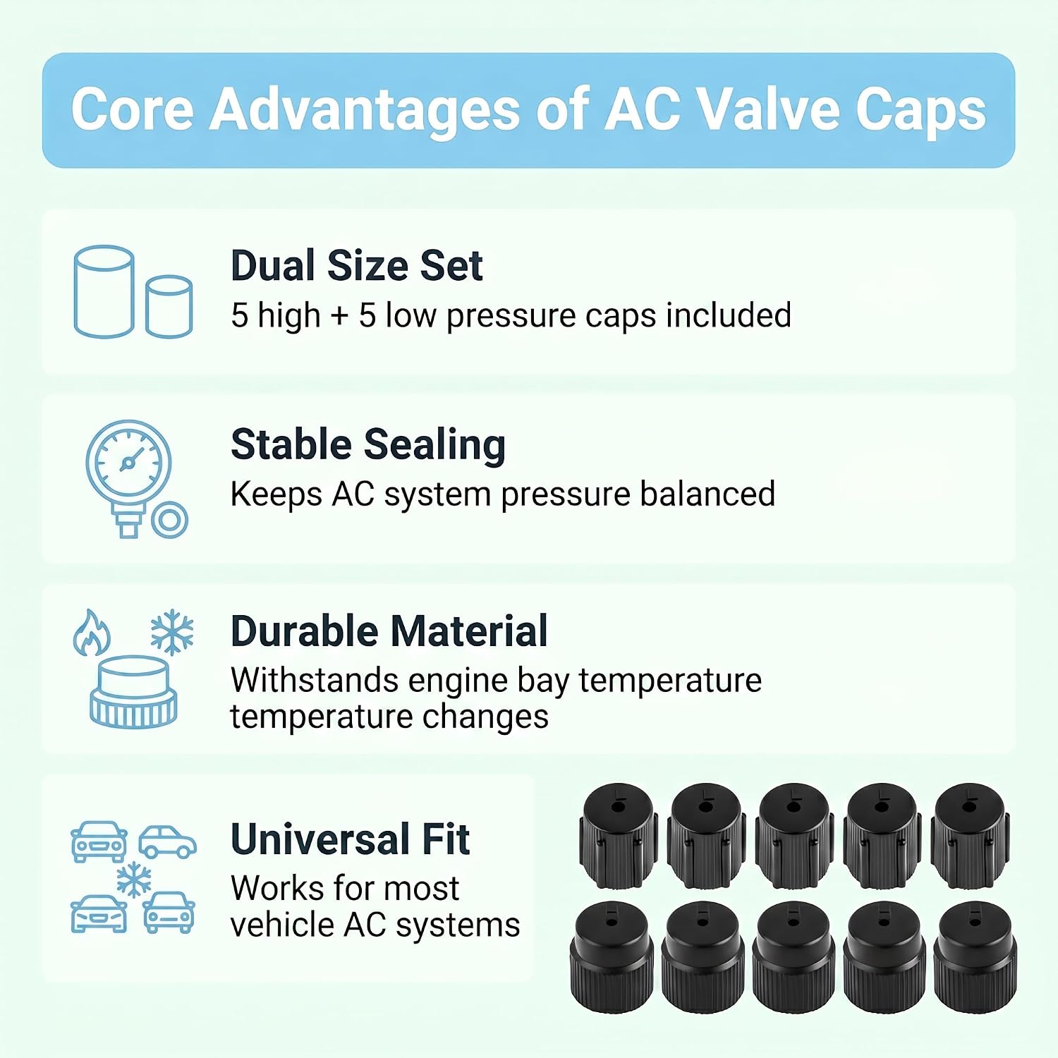 10PCS AC Service Valve Caps, 0.51"/13mm Low Pressure & Cap 0.62"/16mm High Pressure Cap, Air Conditioning Service AC System Charging Port Covers, Universal for Most Vehicles (Black)