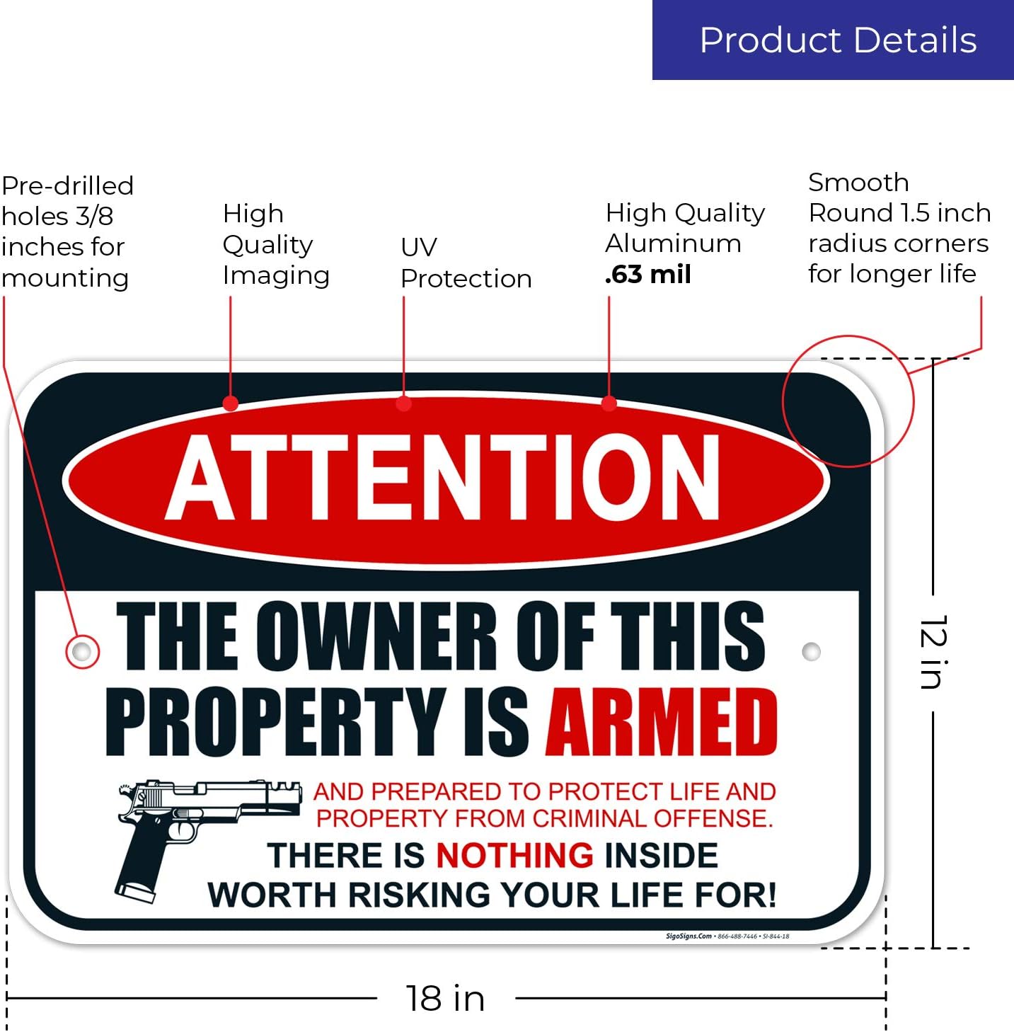 Gun Sign, The Owner of This Property is Armed Sign, 12x18 Inches, Rust Free .063 Aluminum, Fade Resistant, Easy Mounting, Indoor/Outdoor Use, Made in USA