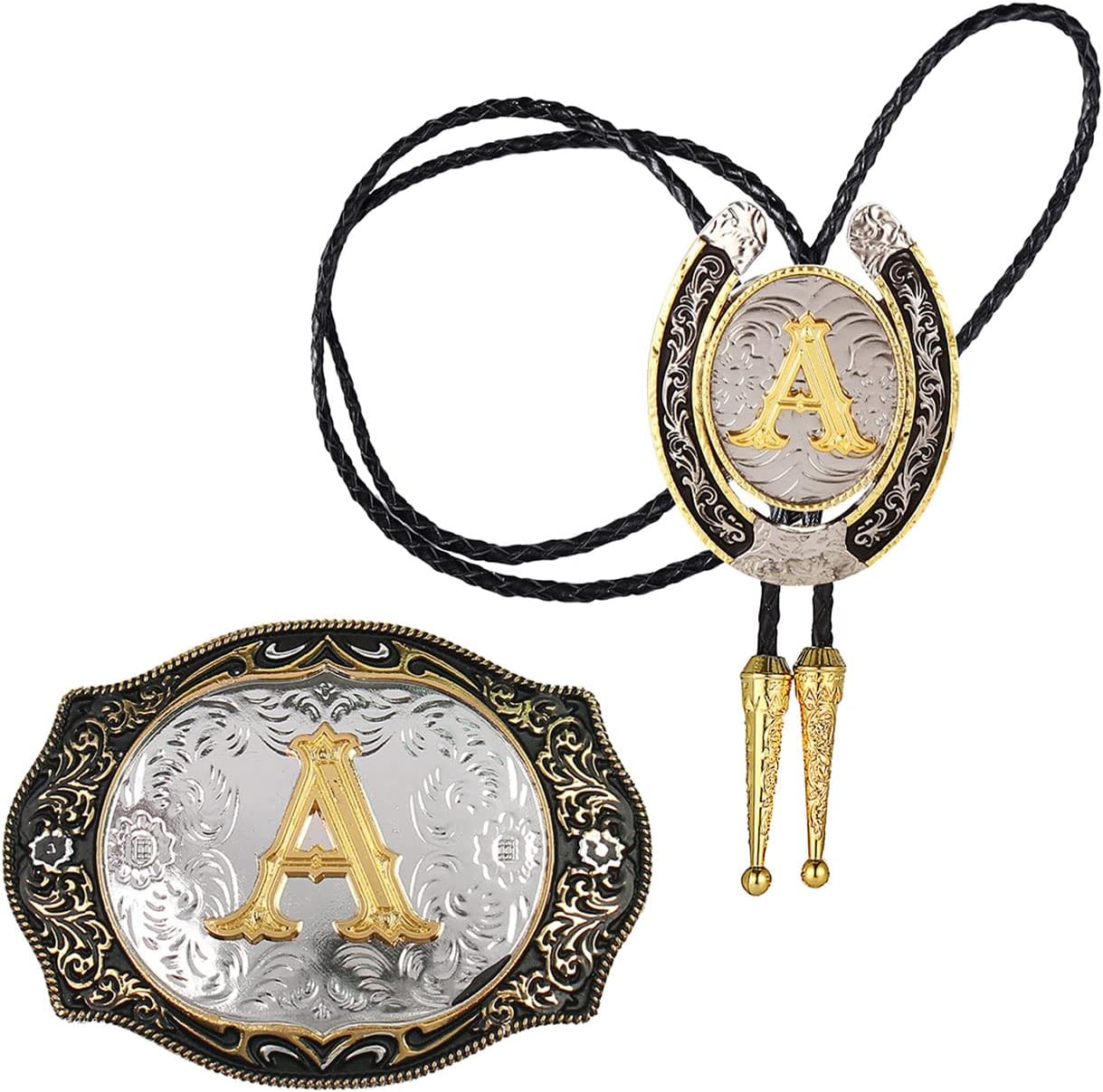 HUABOLA CALYN 2 Pieces Belt Buckle Bolo tie Set Golden Initial Letter ABCDMJR to Y Western Cowboy Costume for Men