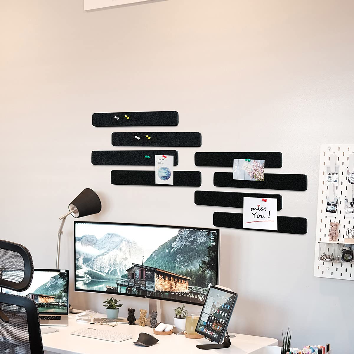 8Pcs Black White Grey Felt Pin Board Bar Strips with 35 Pushpins, Self Adhesive Lightweight Bulletin Board Bar Strips No Damage for Wall, for Pasting Notes, Photos, Schedules, Announcements