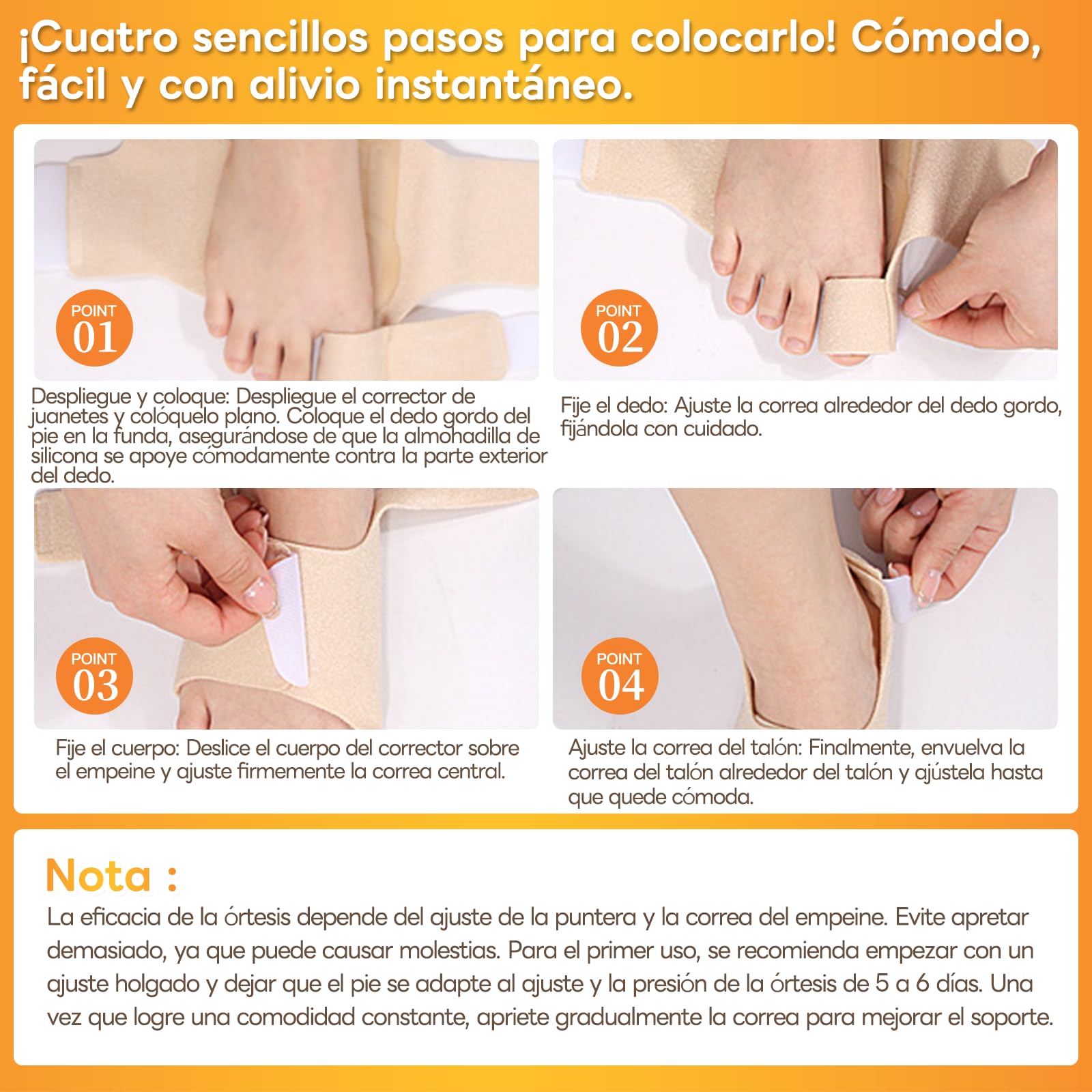Corrector de hallux valgus InhwRior, equipado con 4 barras flexibles de acero inoxidable, 2 en cada lado, con almohadillas de amortiguación de silicona, mejora indolora de la condición del pie;lavable