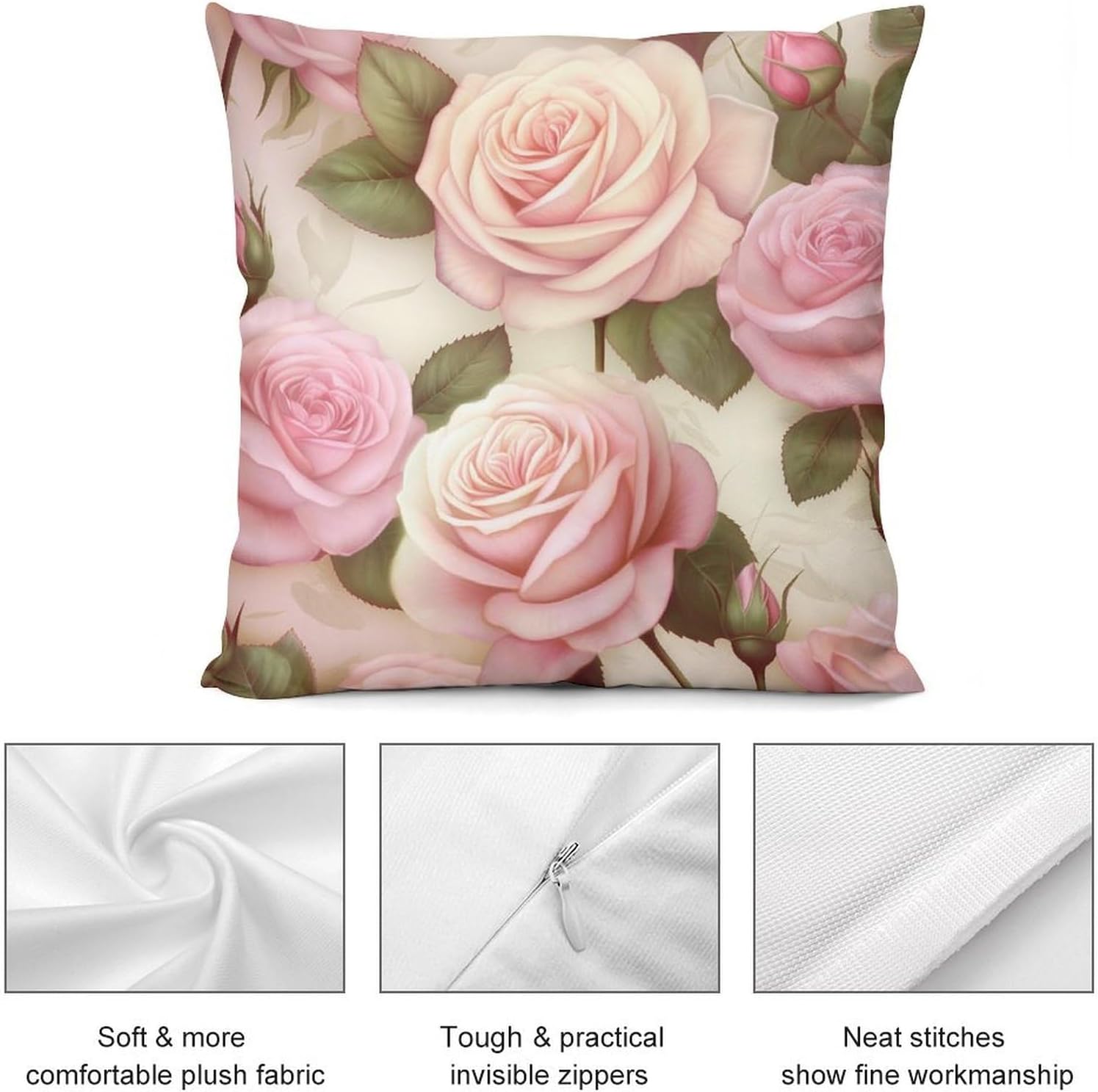 Zippered Pillow Cover, Pillow Protector, Beauty Roses Printed Pillow Cover of 4, Pillow Not Included