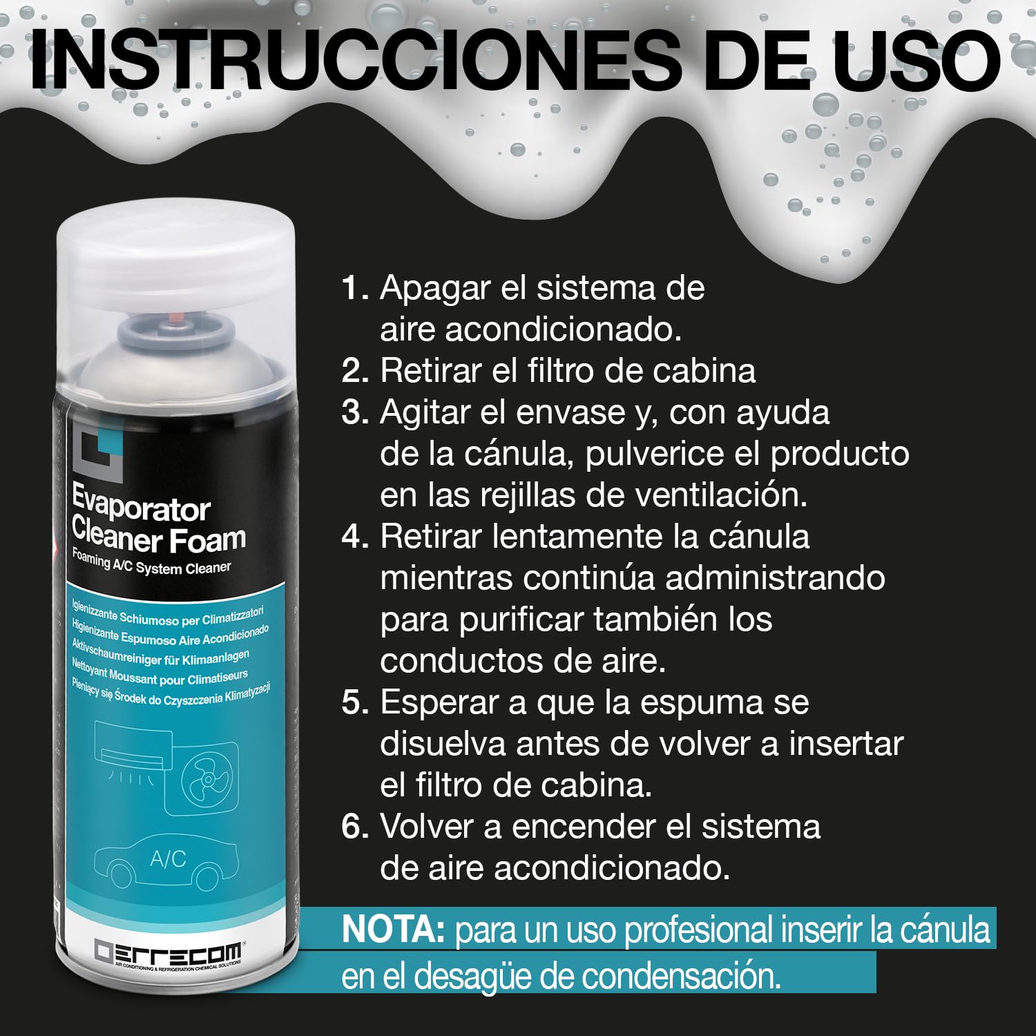 Errecom Evaporator Cleaner Foam, Limpiador Espumoso para Aire Acondicionado, 12 x 400mL