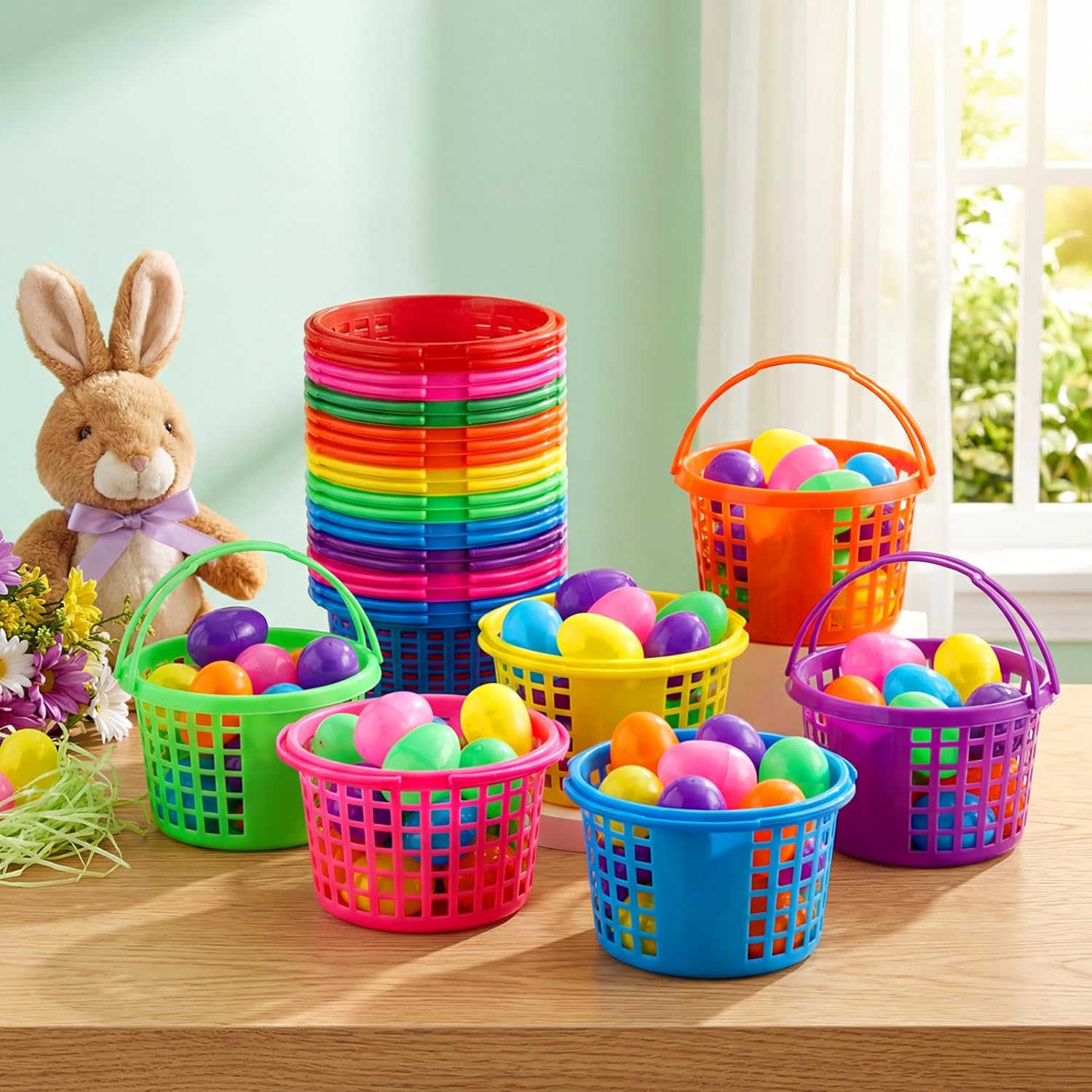 Wenqik 30 Pack Plastic Easter Baskets for Kids Bulk 4.3 x 6.7'' with 48 Pcs Colorful Empty Easter Eggs 2.25" Plastic Egg Basket with Handles for Kids Stuffers Fillers Party Favor Egg Hunt Gift