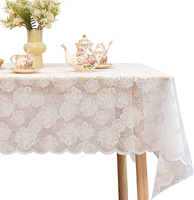 Jayla White Lace Tablecloth 60 X 120 Inches Rectangle Camellia Flower Em...
