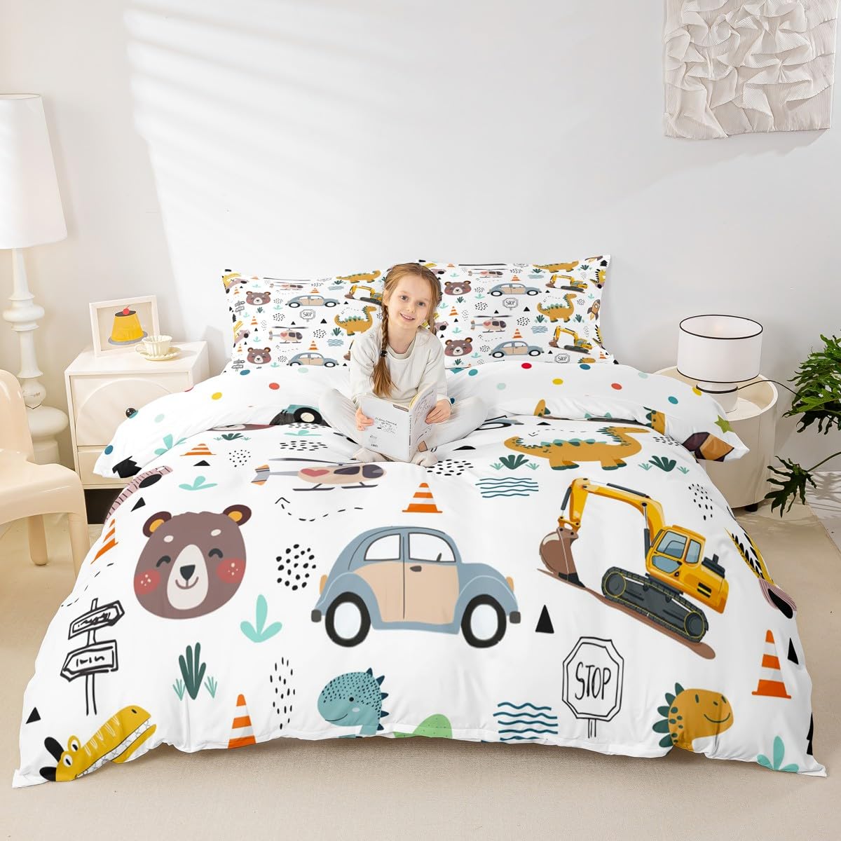 Excavator Bedding Set Super King,Cute Bear Dinosaur Animals Duvet Cover Set for Adults Women Bedroom Decor,Cartoon Cars Helicopter Bedding Collection,White Yellow Brown 3 Pcs Quilt Cover,No Comforter