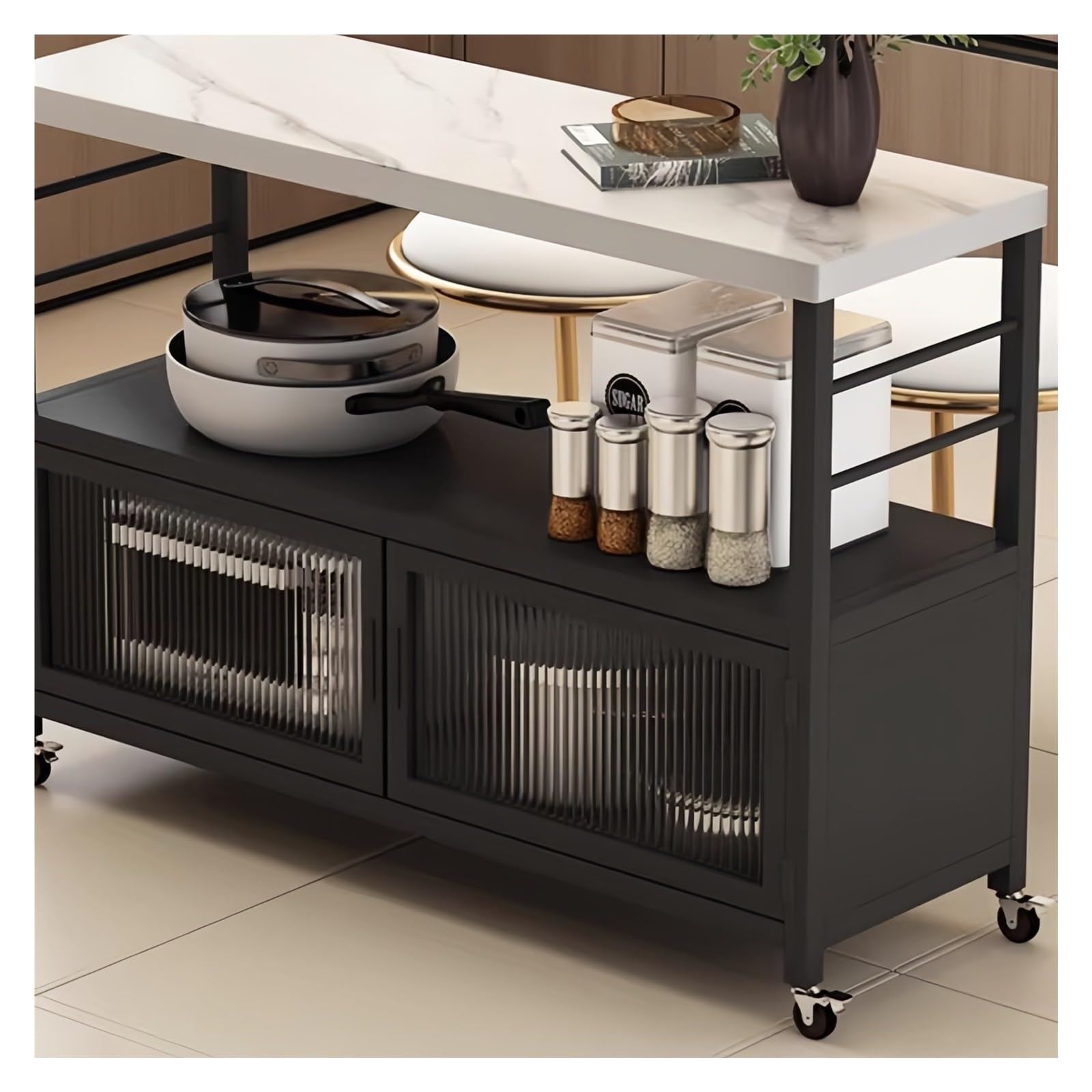 Carrello da cucina Piano in pietra sinterizzata Cucina isola scorrevole Ante in vetro scanalato Ruote con serratura(Black,L)