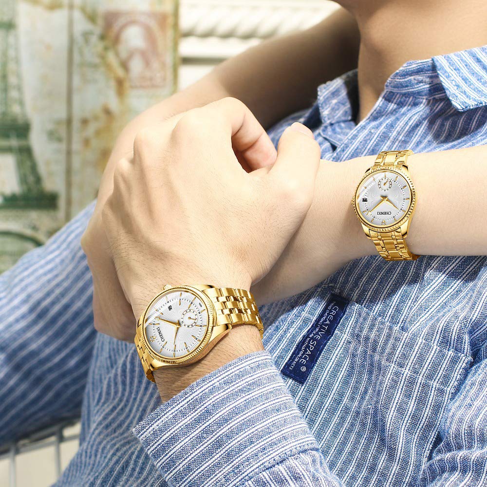 Reloj de Pulsera para Pareja de Acero Inoxidable Resistente al Agua, Reloj de Cuarzo, Reloj Dorado para Hombres y Mujeres