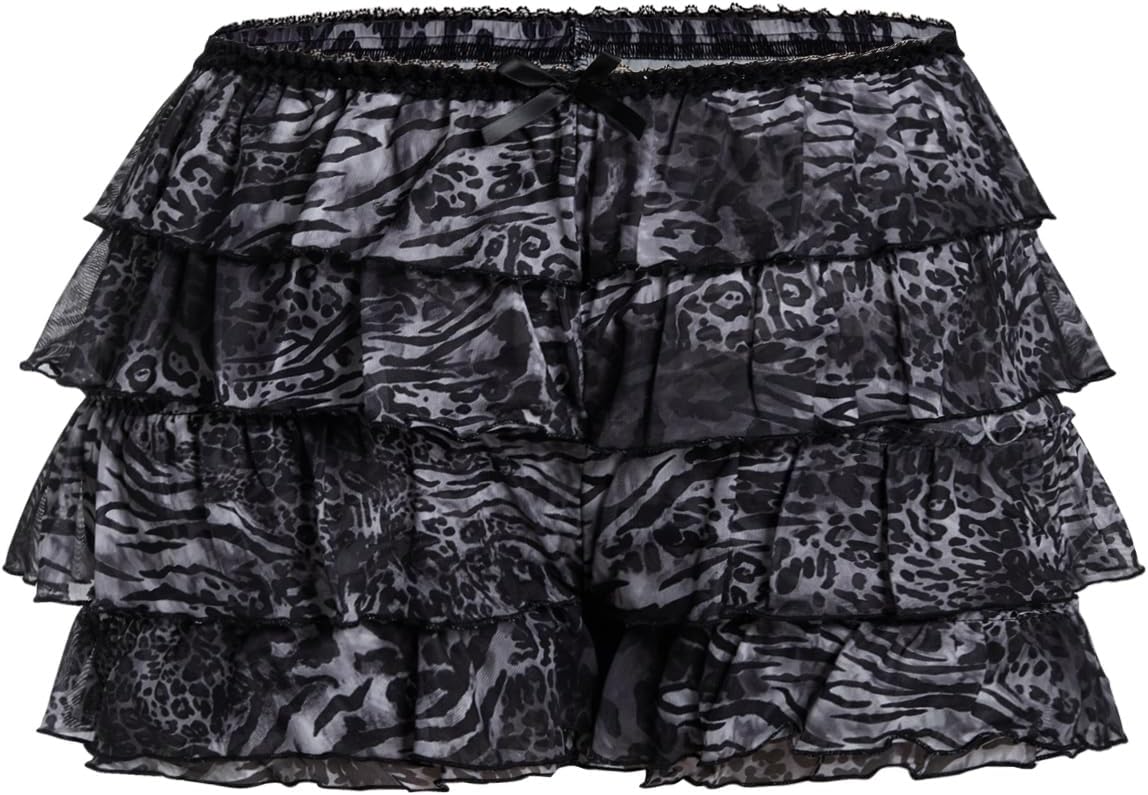 Verdusa Women's Plus Size Y2K Cheetah Print Ruffle Shorts Tiered Layered Low Waist Mesh Mini Shorts