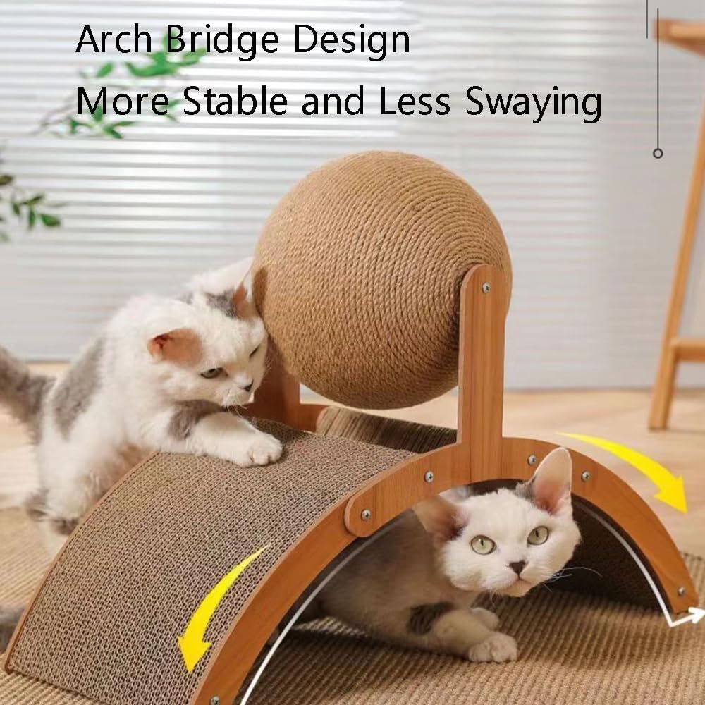 Cat Scratching Ball on Stand - Solid Wood Interactive Cat Scratcher with 360° Rotating Natural Sisal Ball, 2-in-1 Wooden Durable Paw Grinding Toy, for Indoor Cats Kittens (Large)