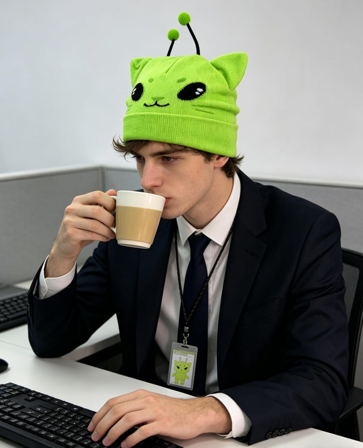 Alien Cat Ears Beanie, Green Hat Knit Meme Gifts Cute Funny Crazy Hats for Costume Accessories Adults