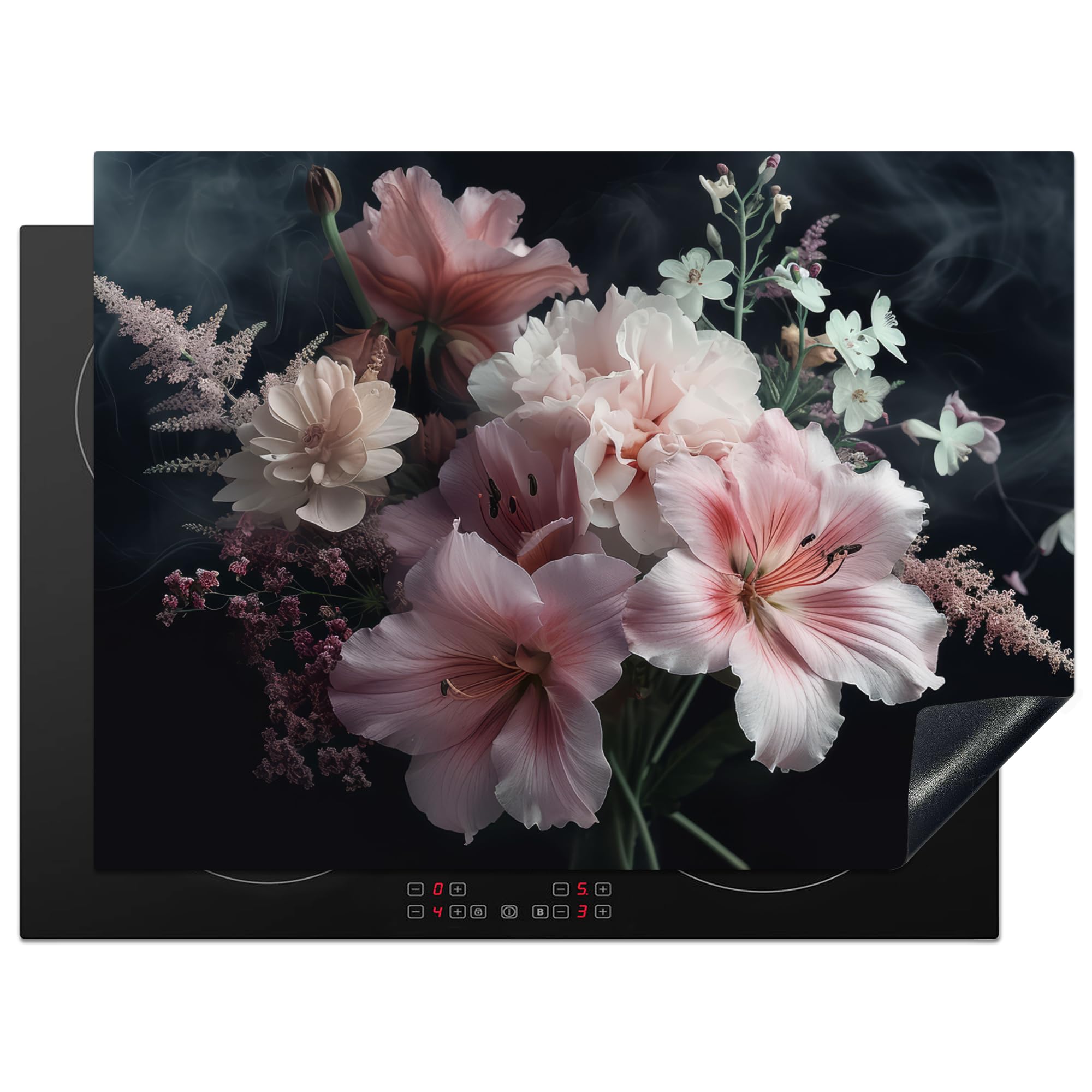 KitchenYeah© Induction Hob Protector Mat 20.5"x27.6" / 70x52 cm Cooker Top Protectors Cover Ceramic Covers Electric Hobs Vinyl Flowers - Pink - Vapour - Plants