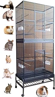 74" Large Double Stackable Wrought Iron Tight 1/2-Inch Bar Spacing Chew-Proof Separate Cages for Ferret Chinchilla Sugar Glider Rat Mouse Easy Clean Pull Out Grate & Tray Removable Rolling Stand