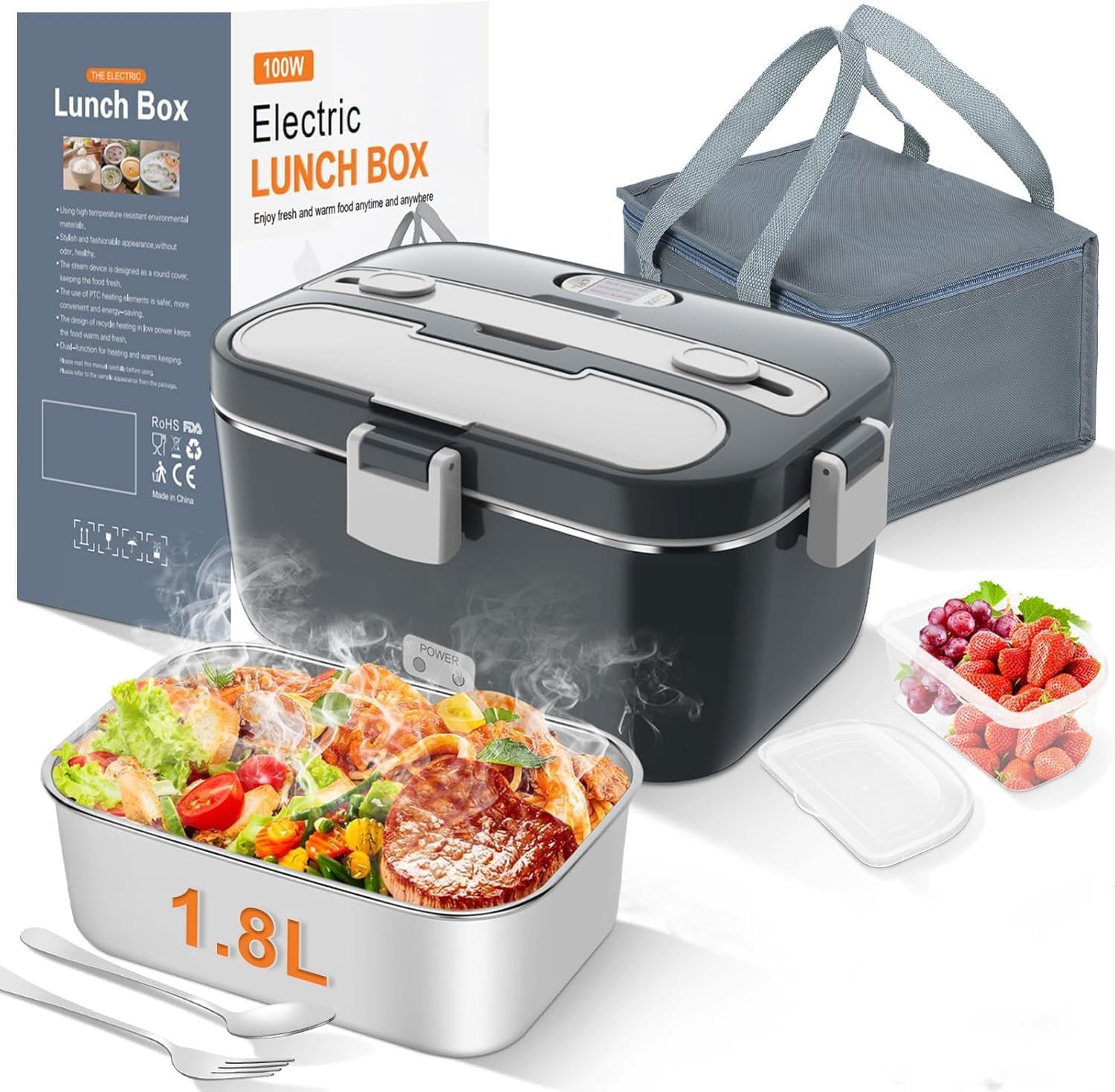 HENAE Electric Lunch Box Food Warmer - 100W Heated Lunch Box for Adults, 1.8L Portable Fast Heating Lunchbox Food Heater for Office, School, Car, Truck, Work, Travel, 220V