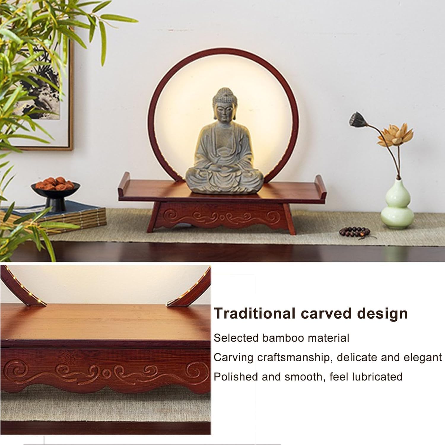 ELEFOCUS Asian Statue Display Stands with LED Lamp, Buddha Statue Stand timber Carving Holder, Guanyin Sculpture Stand(Brown,50x23CM)