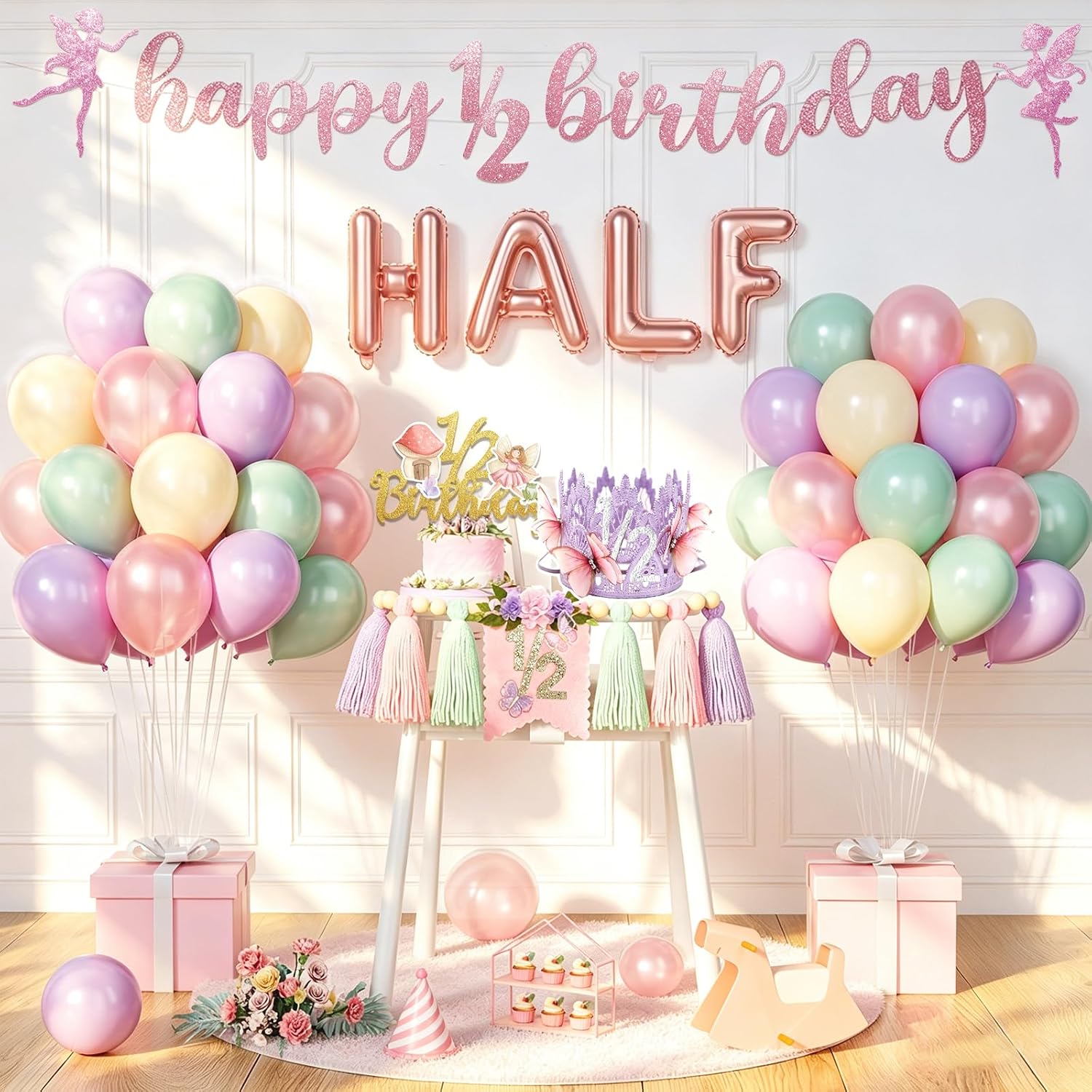 Costova Fairy Half Birthday Decorations, Fairy 6 Months Party Supplies with Pink Green White & Purple Balloons Happy 1/2 Birthday Banner Cake Topper Crown