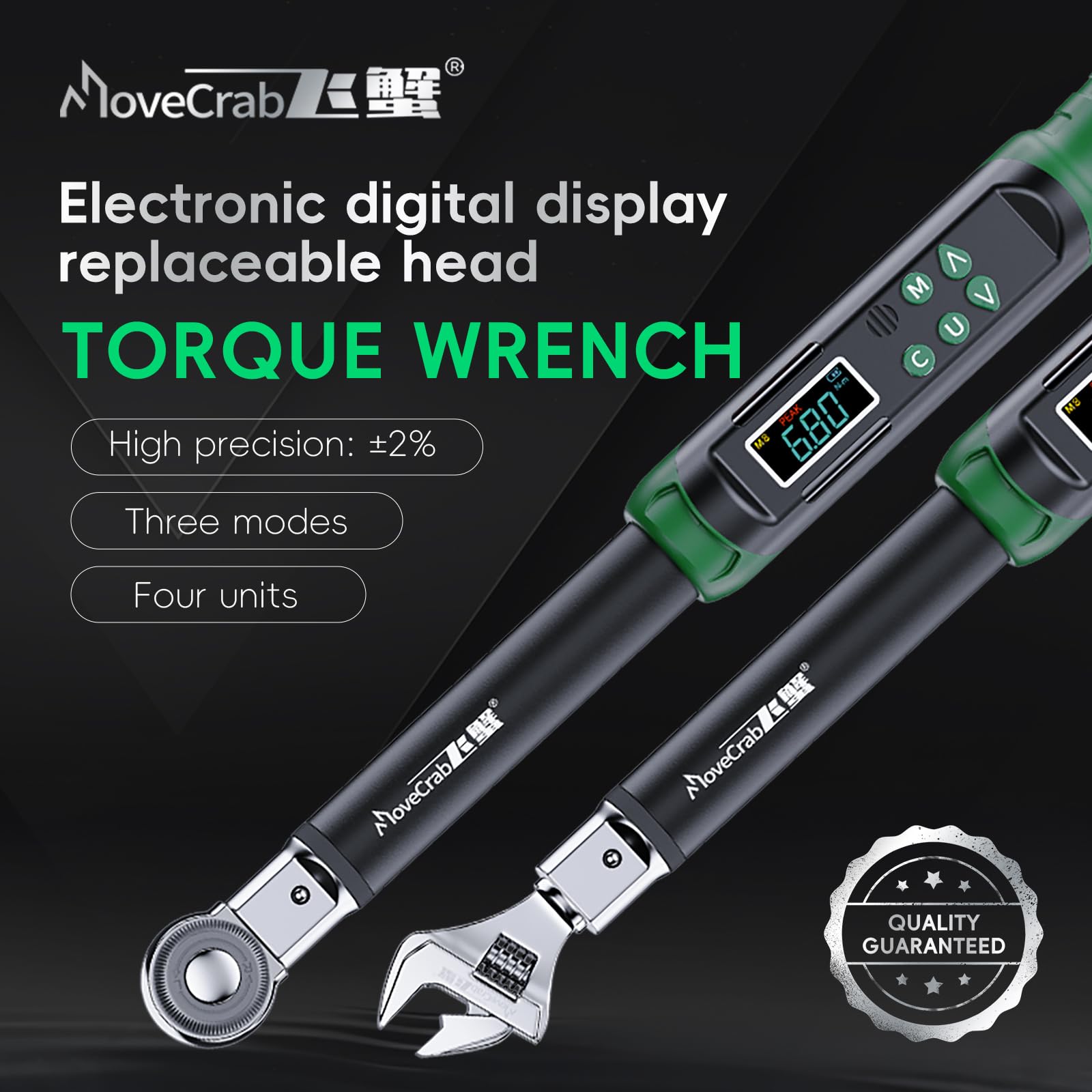 MOVECRAB Digital Torque Wrench with Interchangeable Heads - Precision Adjustable Torque Wrench with Ratchet & Adjustable Open-End Heads, 5-99.6ft.lbs/6.8-135N.m (9 * 12mm 1/2