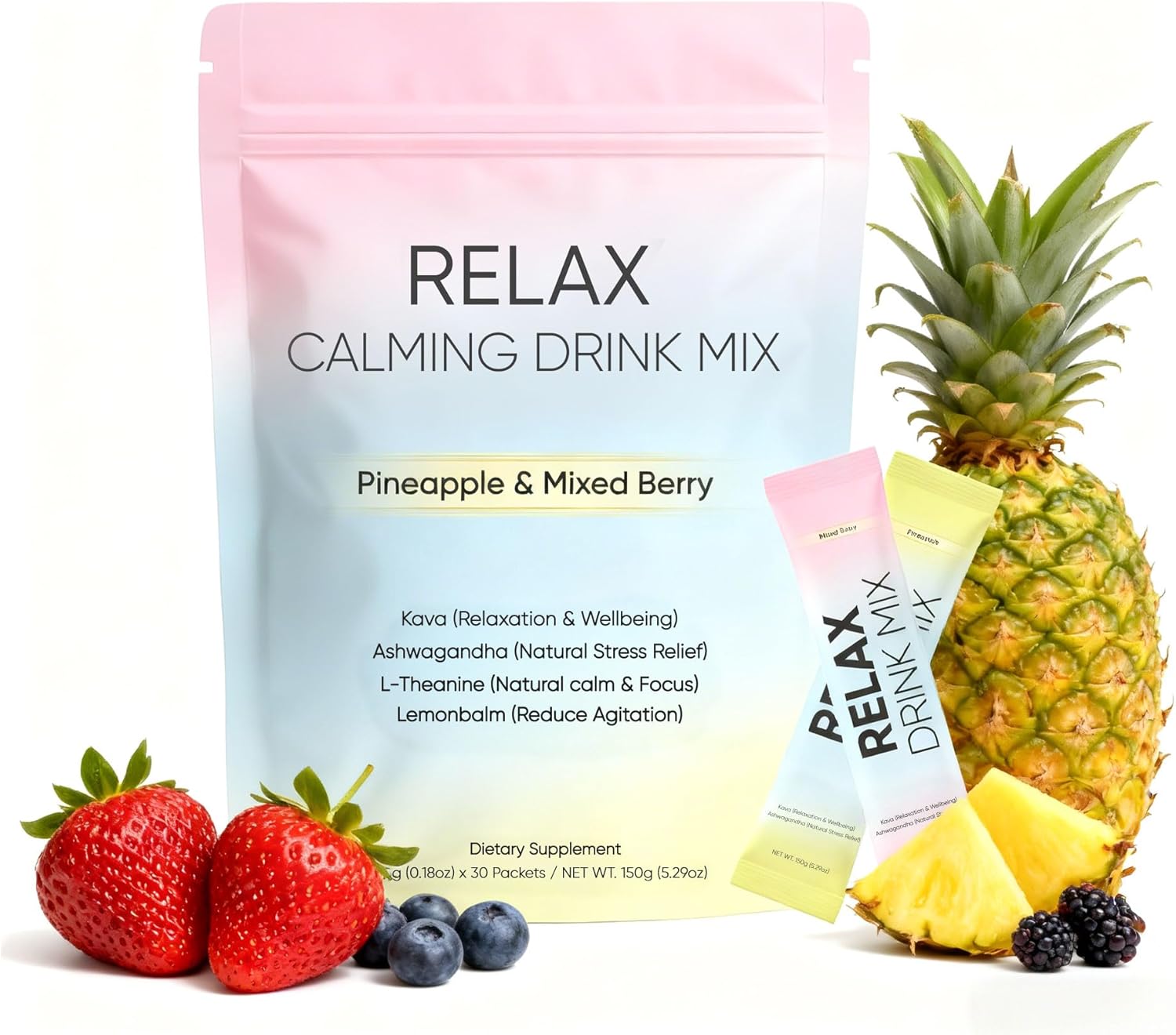 Relax Calming Drink, Natural Calm Powder Drink with L-Theanine, Ashwagandha and Kava, Sugar Free Calm Supplement for Relax & Natural Relieve Stress, Non GMO, Pineapple & Mixed Berry, 30 Packets (1)