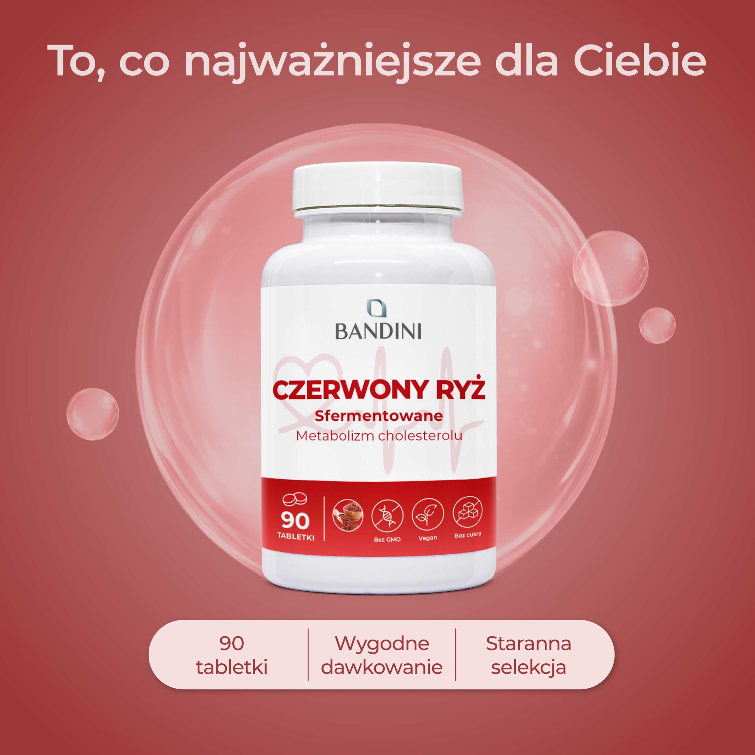 Bandini® FERMENTED RED RICE z drożdży Monascus Purpureus, 99,7 mg czerwonego ryżu, 2,9 mg monakoliny K, bez dodatków, wegański, bez GMO, 90 łatwych do połknięcia tabletek (3 miesiące)