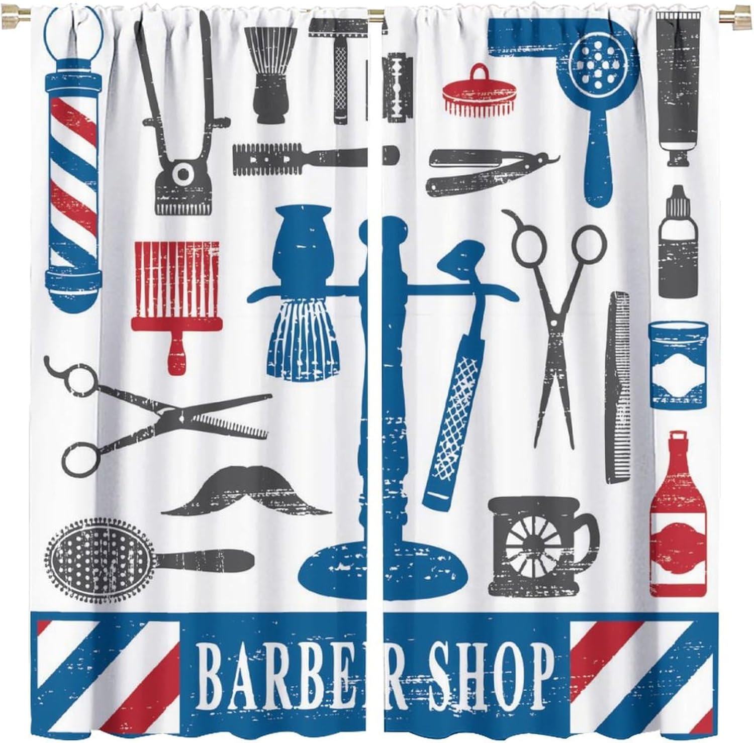 Watercolor Salon Barber Shop Curtains - Vintage 70s 80s Barbershop Haircut Tools Print Thermal Insulated Blackout Curtains - Rod Pocket Window Treatment Drapes for Bedroom 2 Panels 63L x 31.5W