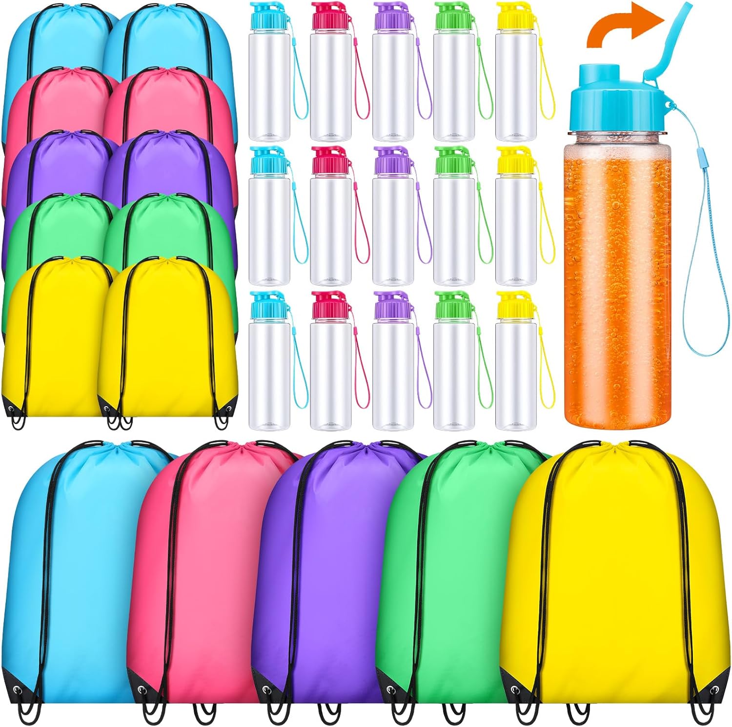 30 Pcs 17 oz Plastic Water Bottles Bulk and Drawstring Backpack Set Reusable Flip Top Leakproof Water Bottles with Handle for Adults Sports Gym Travel Party Outdoor