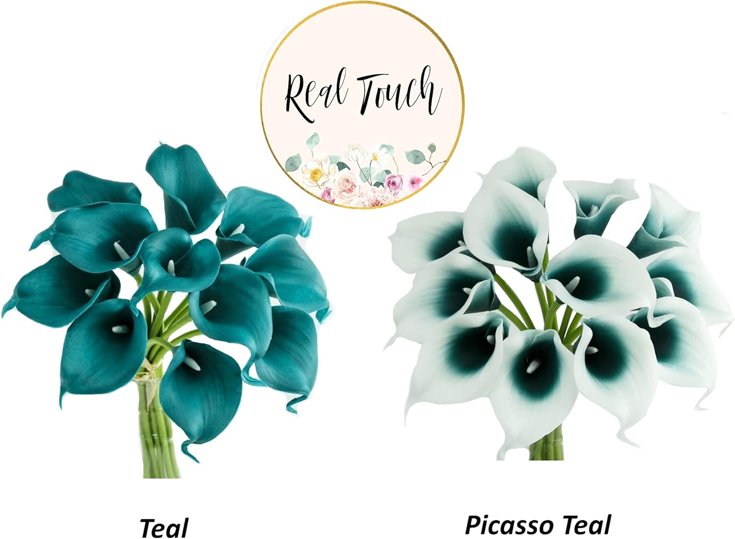 Angel Isabella 20pc Set of Keepsake Artificial Real Touch Calla Lily with Small Bloom Perfect for Making Bouquet, Boutonniere,Corsage (Picasso Green Teal)