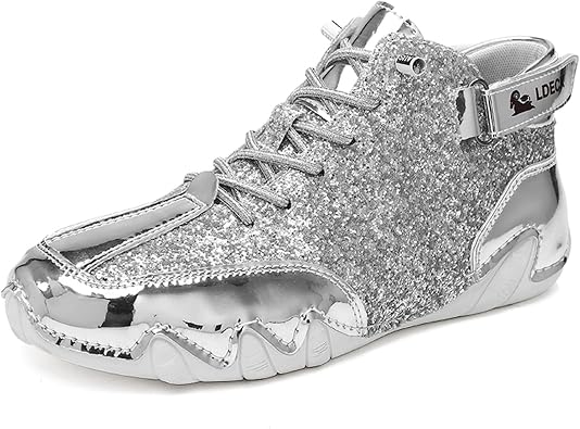 Mens Fashion High-Top Glitter Sparkly Shoes Round Toe Lace - up Comfortable Lightweight & Non-Slip Sneakers